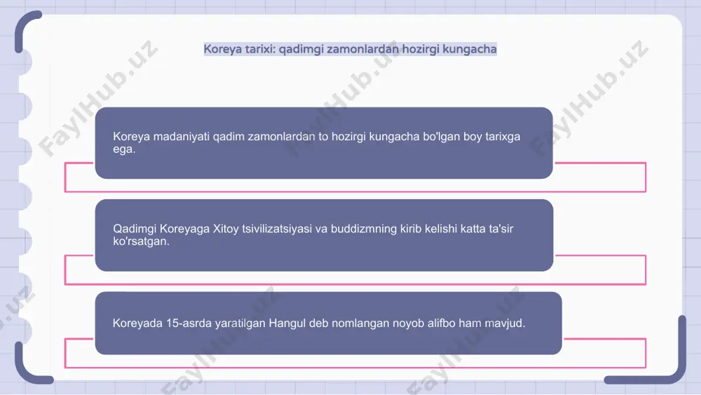 ilan mashhur va har yili millionlab mehmonlarni jalb qiladi. koreya jang san'ati: kuch va intizomni qo'llash taekvondo va xapkido nomi bilan ham tanilgan koreya jang san’ati boy tarixga ega va koreys madaniyatida chuqur ildiz otgan. ushbu jang san'atlari nafaqat jismoniy kuch va o'zini himoya qilish texnikasiga e'tibor qaratadi, balki tartib-intizom va aqliy mustahkamlikni rivojlantiradi. koreys jang san'ati bilan shug'ullanuvchilar qattiq tayyorgarlik va fidoyilik tufayli o'zlarining ichki kuchlarini ishga soladilar va shaxsiy o'sishga erishadilar. koreyaning tabiiy go'zalligi: landshaftlar va milliy bog'lar koreyaning tabiiy go'zalligi uning xilma-xil landshaftlari va milliy bog'larida namoyon bo'ladi. go'zal tog'lar va vodiylardan tortib ajoyib qirg'oq chizig'i va orollargacha hamma uchun zavqlanadigan narsa bor. ushbu tabiiy mo''jizalarni o'rganish koreya madaniyatining eng yaxshisini his qilishni istagan har bir kishi uchun majburiydir. 1 2 3 seulni o'rganish: janubiy koreyaning poytaxti janubiy koreyaning poytaxti seul an'ana va zamonaviylikni o'z ichiga olgan jonli va dinamik shahardir. shahar o'zining boy tarixi, ko'plab saroylari, …