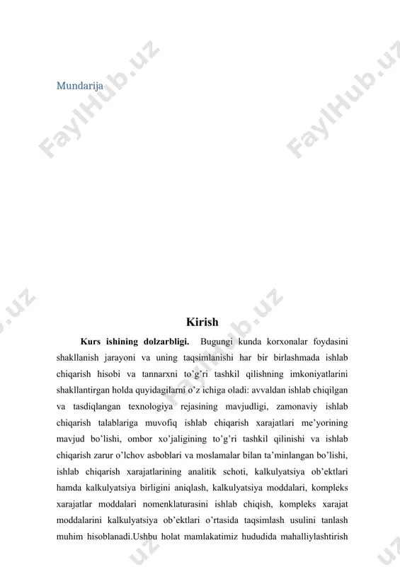 lliylashtirish dasturini jadallashtirishda eng muhim ustuvor vazifalarni belgilaydi.bu borda amalga oshirilayotgan islohotlar samaradorligini oshirishda korxonalarda xarajatlarni hisobga, xarajatlarni to’liq va ishonchli aks ettirish korxona foydasi, uning taqsimlanishi va ishlatilishini aniq maqsadga yo’naltirish dolzarb vazifalardan biri ekanligidan dalolat. kurs ishining obyekti va predmeti. korxona foydasi, uning taqsimlanishi va ishlatilishi obyekti- bu korxonalar faoliyatlaridan olingan foydalar yoki pul mablag'laridir. korxonalar o'z faoliyatlarida o'zlarining asosiy maqsadlari bo'yicha foyda olishni tashkil qilishadi. bu maqsadlarga erishish uchun korxonalar sotiladigan mahsulotlardan olingan daromad, xizmatlardan olingan daromad, investitsiya qilishdan olingan daromad va boshqa mablag'larini foydalanishadi. kurs ishining predmeti- bu korxonalar faoliyatlaridan olingan foydalar yoki pul mablaglarining tashkil etilishi va ulardan foydalanishdir. korxonalar o'z faoliyatlarida xizmat ko'rsatish, mahsulot ishlab chiqarish yoki savdo qilish orqali daromad olishadi. kurs ishining maqsadi va vazifasi. kurs ishining maqsadi korxonalarning ishlab chiqarish xarajatlari va foydasi bilan bog’liq ko’nikma va ko’rsatkichlarni aniqlash, ularning ijtimoiy-iqtisodiy mazmunini ochib berish, chuqurroq tahlil qilish orqali korxonalar ishlab chiqarish …