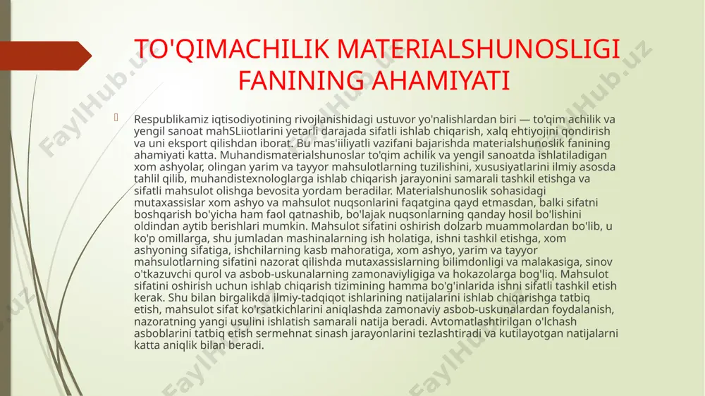 oydalanish, nazoratning yangi usulini ishlatish samarali natija beradi. avtomatlashtirilgan o'lchash asboblarini tatbiq etish sermehnat sinash jarayonlarini tezlashtiradi va kutilayotgan natijalarni katta aniqlik bilan beradi. to'qim achilik va yengil sanoat m ahsulotlarining jahon luv/.orida raqobat qila olishini ta'm inlashda kc-siniblikasi tomonidan 1993 yil 28 dekabrida standart ashtirish, mclroiogiya va seriifikatsiyalashtirish bo'yicha qabul qilingan iiamriar muhim ahamiyatga ega. , qabul qilingan qaroriar asosida materialshunoslik fanini lo'ldiruvchi quyidagi yangi fanlar v-540500 yo'nalishidagi hakaiavriar o'quv rejasiga kintilgan; 1. metrologiya va standartlashtirish. 2. sertifikatsiyalashtirish va sifatni boshqarish. iki fanlardan olingan yetuk bilim bo'lajak mutaxassislar uchun juda zarur va korxonalarda har tom onlam a sifatli mahsulot ishlab chiqarishga garov bo'ladi. fan-texnikaning taraqqiyoti bilan mahsulot sifatmi oshirish xaki xo'jaligida muhim muammo hisoblanadi. mahsulot sifatmi oshirish sifat darajasining uzoq muddatgacha saqlamb tunshini la'mhilash vazifasi esa ilm-fan va texnika yutuqlari asosida yaratilgan standartlar orqali amalga oshiriladi. o 'zbekistonda paxta m ah su lo tlarin i stan d artlash va …