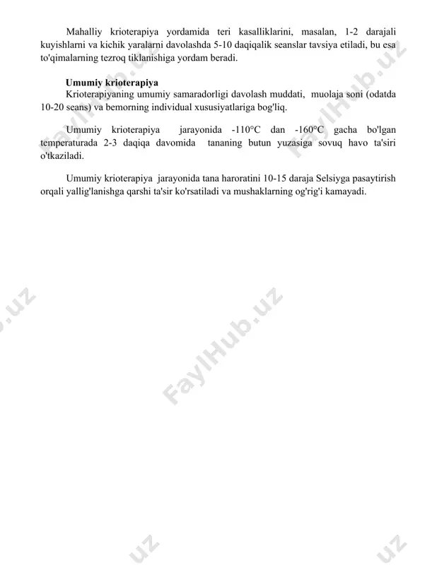 piya jarayonida -110°c dan -160°c gacha bo'lgan temperaturada 2-3 daqiqa davomida tananing butun yuzasiga sovuq havo ta'siri o'tkaziladi. umumiy krioterapiya jarayonida tana haroratini 10-15 daraja selsiyga pasaytirish orqali yallig'lanishga qarshi ta'sir ko'rsatiladi va mushaklarning og'rig'i kamayadi. 📌xulosa криотерапияда совуқни қўллаш яллиғланишни камайтириш, оғриқни босиш ва тўқималарни тиклашни тезлаштиришда самарали восита эканлигини кўрсатади. унинг таъсири беморнинг аҳволига ва даволаш протоколига боғлиқ. 📚foydalanilgan adabiyotlar 1. криотерапияда совуқнинг қўлланилишига оид адабиётлар. 2. совуқнинг таъсири ва криотерапияда унинг механизмлари. 3. турли касалликларга криотерапиянинг самарадорлиги тўғрисидаги тадқиқотлар. 4. криотерапиянинг ножўя таъсирлари ва уларнинг олдини олиш. 5. криотерапия протоколлари ва уларнинг таснифи. 6. жароҳатларни даволашда криотерапиянинг аҳамияти. 7