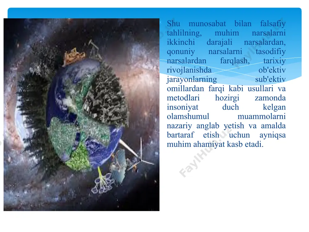 sifatida, bir «umumiy uy», aniqroq aytganda, yashash sharoitlari nafaqat tabiiy ko‘rsatkichlar, ya'ni yashash uchun yaroqli hudud bilan, balki hayot faoliyati uchun zarur resurslar mavjudligi bilan ham chegaralangan yer deb atalmish katta va odamga to‘lib ketgan «kommunal kvartira» aholisi sifatida qadam qo‘ydi. bu to‘la anglab yetish jarayoni so‘nggi o‘n yilliklardagina yuz bergan va endilikda u bilan barcha mamlakatlar va xalqlar hisoblashishga majbur bo‘lgan borliqdir. mazkur inqiroz odamlarning bir-biri bilan, jamiyat va tabiat bilan o‘zaro aloqalarining butun majmuini qamrab oldi va deyarli butun jahon hamjamiyatiga, rivojlanayotgan mamlakatlarga va rivojlangan mamlakatlarga o‘z ta'sirini ko‘rsatdi. insonning atrof muhitga salbiy ta'siri aynan rivojlangan mamlakatlarda, asosan bu yerda jadal sur'atlarda va stixiyali tarzda rivojlangan iqtisodiyot bilan bog‘liq sabablarga ko‘ra oldinroq va bo‘rtibroq namoyon bo‘ldi. . shu ma'noda 2008 yilda boshlanib, butun dunyoni larzaga solgan jahon moliyaviy-iqtisodiy inqirozi nafaqat rivojlangan sanoat mamlakatlari, balki rivojlanayotgan, ayniqsa bozor munosabatlari qaror topayotgan davlatlarda ham o‘z salbiy oqibatini o‘tkazmasdan qolmadi. ayni …