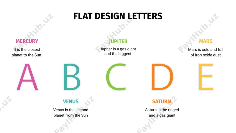 biggest flat design letters d b c a e mercury venus it is the closest planet to the sun venus is the second planet jupiter saturn it is the ringed and a gas giant mars is cold and full of iron dust mars it is a gas giant and the biggest flat design letters venus has a beautiful name and is the second-brightest natural object in the night sky mercury is the closest planet to the sun and the smallest one in the solar system mercury venus saturn jupiter jupiter is the fifth planet, it is a gas giant and the biggest planet in the solar system neptune neptune is the farthest planet from the sun and the fourth-largest one saturn is the sixth planet, is composed of hydrogen and helium and is the ringed one flat design letters venus has a beautiful name and is the second-brightest natural object …