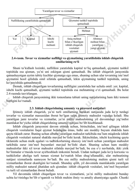 aydigan kishilarga aytiladi; bu xislatlar majmui esa tadbirkorlik qobiliyati deb yuritiladi. hozirgi davrda ayrim adabiyotlarda axborot va uning vositalarini, ekologiyani ham alohida omil deb ko‘rsatadilar. bizning fikrimizcha, ular yer va kapitalda o‘z ifodasini topadi. 2.2. ishlab chiqarish jarayonining mazmuni. ishlab chiqarish jarayoni-bu kishilarni o‘zlarining iste’moli uchun zarur bo‘lgan moddiy va ma’naviy ne’matlarni yaratishga qaratilgan maqsadga muvofiq faoliyatidir. moddiy va ma’naviy ne’matlar yaratish, turli xizmatlar ko‘rsatish jarayoni kishilar iqtisodiy faoliyatining asosiy tomonidir. ma’lumki, har qanday ishlab chiqarish, birinchi navbatda, mehnat jarayonidir yoki boshqacha qilib aytganda, tabiatdagi bor narsalarning ko‘rinishini o‘zining iste’moli uchun muvofiq holga keltirish uchun qilingan mehnat faoliyatidan iboratdir. ana shu mehnat jarayonida kishilar, eng avvalo, tabiat bilan, uning kuchlari va ashyolari bilan hamda bir-birlari bilan o‘zaro ma’lum munosabatda bo‘ladilar. kishilar o‘zlarining ongli maqsadga muvofiq unumli mehnati bilan tabiat moddalarining shakllarini o‘zgartiradilar va iste’moli uchun zarur bo‘lgan mahsulotni vujudga keltiradilar. mehnat jarayonida kishilar bilan tabiat o‘rtasida moddalar almashinuvi bilan birga …