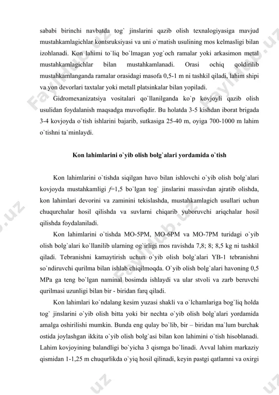 amiz. – t.: “o’zbekiston” nmiu, 2017. – 488 b. 2. городниченко в.ч., дмитриев а.п. основы горного дела. м., изд. "горная книга", 2008 3. чупрунов г.д. технология и комплексная механизация проведения горных выработок. м., "недра", 1970 4. русча-ўзбекча политехника атамалари луғати. т."фан", 1995 5. азизов а.а. русско-узбекский краткий словарь. т."ўқитувчи", 1989 6. чупрунов г.д. проведение и крепление горных выработок. м., "госгортехиздат", 1960 7. шехурдин в.к., холабаев е.н., несмотряев в.ч. проведение подземных горных выработок. м., "недра",1991 8. мангуш с.к., крюков г.м., фисун а.п. взрывные работы при подземной разработке полезных ископаемых. м., изд. академии горных наук, 2000 9. галкин в.и., шешко е.е. транспортные машины. м., изд. "горная книга", 2010 10. гейер в.г.,тимошенко г.м. шахтные вентиляторы и водоотливные утсановки. москва «недра» 1981