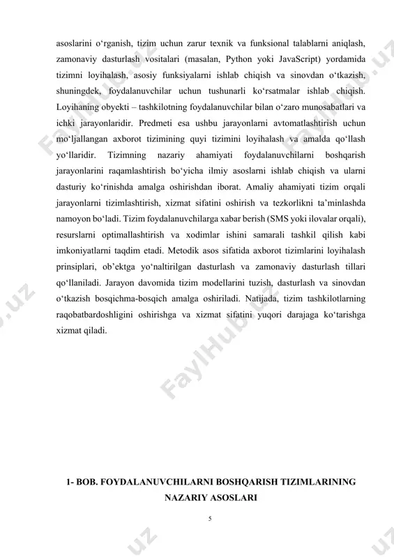 surslarni optimallashtirish va xizmat sifatini oshirishda muhim ahamiyatga ega. masalan, tahlil vositalari orqali qaysi foydalanuvchi guruhlari ko‘proq faollik ko‘rsatayotganini aniqlash va shunga mos resurslarni taqsimlash mumkin. zamonaviy raqamli dunyoda foydalanuvchilarni boshqarish tushunchasi tashkilotlar, onlayn platformalar va xizmat ko‘rsatish sohalari uchun muhim ahamiyat kasb etadi. foydalanuvchilarni boshqarish – bu foydalanuvchilarning shaxsiy ma’lumotlarini ro‘yxatga olish, ularning tizimga kirishini nazorat qilish, ruxsatlarini boshqarish va faoliyatini monitoring qilish jarayonlarini o‘z ichiga olgan kompleks tushunchadir. ushbu jarayonlar tashkilotning ichki tuzilmasini tartibga solish, xavfsizlikni ta’minlash va foydalanuvchi tajribasini yaxshilashda asosiy rol o‘ynaydi. foydalanuvchilarni boshqarish tizimlari zamonaviy axborot texnologiyalariga asoslanib, jarayonlarni avtomatlashtiradi, inson omilidan kelib chiqadigan xatolarni kamaytiradi va operatsion samaradorlikni oshiradi. foydalanuvchilarni boshqarish tizimi tashkilotlarning turli ehtiyojlarini qondirish uchun mo‘ljallangan. bu tizim foydalanuvchilarning ro‘yxatdan o‘tishi, autentifikatsiyasi, rollarini belgilash, ma’lumotlar xavfsizligini ta’minlash va faoliyatini real vaqt rejimida kuzatish kabi vazifalarni bajaradi. masalan, tizim orqali foydalanuvchilarning login va parollari boshqariladi, ikki faktorli autentifikatsiya joriy etiladi yoki foydalanuvchi faoliyati …