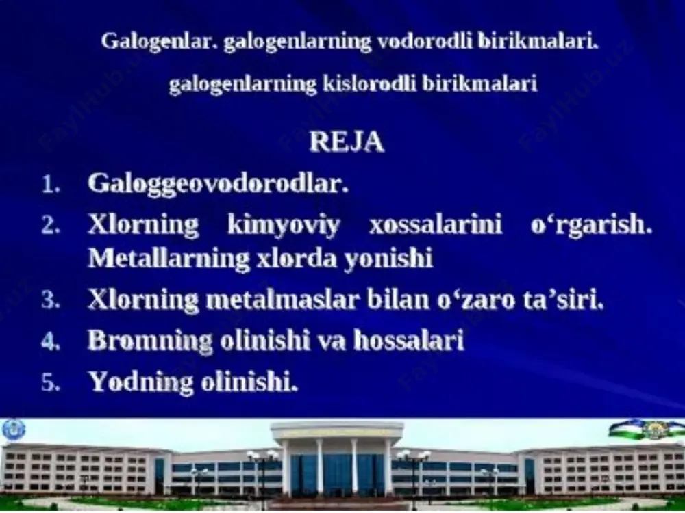 ttirish yo’li bilan kashf etgan. faqat 1810 yilda devining xizmatlari tufayli, xlor ximiyaviy element sifatida tanilgan (yunoncha «xloros»-yashil-sariq) xlor tabiatda, yer qobig’ida og’irlik jixatidan 4,810-2 % tarqalgan. xlor tabiatda birikmalar xolida bo’ladi: naci, nacikci, mgci26h2o, mgso4kci3h2o. naci tuzi xlor sanoati uchun zaruriy xom ashyodir. inson organizmida qariyb 0,25% gacha xlor bo’ladi. nixoyat, oshqozon suyuqligida 0,3-0,4% hcl ning bo’lishi juda katta fiziologik axamiyatga ega. inson va xayvonlar organizmida naci ning borligi organizm xujayralarida «suv balansini» boshqarib turadi. tabiiy birikmalarda xlor ikki izotop xolida uchraydi: 3517cl, 3717cl. xlorning tabiiy izotoplaridan tashqari 5 ta sun'iy radioaktiv izotoplari 3317cl, 3417cl, 3617cl, 3817cl, 3917cl lar olingan. laboratoriyada xlor asosan xlorid kislotaga oksidlovchilar ta'sir ettirish yo’li bilan olinadi. 4hci+mno2=ci2+mnci2+2h2o 16 hci +2kmno4=5ci2+2mnci2+2kci+8h2o texnikida cl2 faqat osh tuzini suvdagi eritmasini elektroliz qilish yo’li bilan olinadi. xlor sariq-yashil tusli gaz, uning qaynash xarorati-34os; qotish xarorati - 102,4os. xlor molekulasi 727os da 0,03%, 1727os da esa 52% parchalanadi. uy …