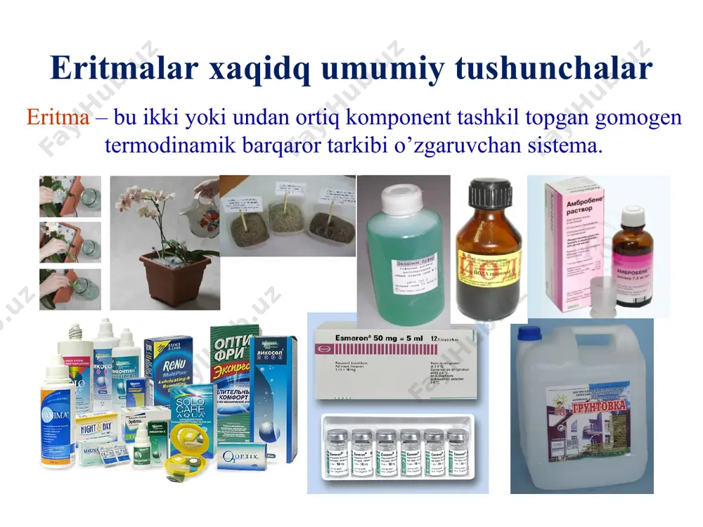 chining bug’ bosimidan kamroq bo’lib, bug’ bosimining bu tarzda pasayishi erigan moddaning miqdoriga bog’lik bo’ladi. δr – bug’ bosimining absolyut pasayishi deyiladi. 1882-86 yillarda tajriba asosida raul - uchuvchan bo’lmagan, elektrolitik dissosatsiyaga uchramaydigan eritmalar uchun – o’zining 1-qonunini yaratdi. ra = kr na na=1 k = p0a bo’ladi, ya’ni r0a – sof holdagi a moddaning bug’ bosimidir. demak, tenglama quyidagicha bo’ladi: ra = r0a na undan yoki - eritma ustidagi erituvchi bug’ bosimining nisbiy kamayishi. agar yuqoridagi formulani eritma komponentlari uchun to’g’ri keladigan partsial bug’ bosimi uchun yozilsa ideal eritmalarda erigan modda va erituvchi molekulalarining ta’sirlanishi qariyib bir xil bo’ladi. masalan, ideal eritmalarda bir komponentning bug’lanishiga ikkinchi komponent halal bermaydi. shuning uchun ularda istalgan komponentning partsial bug’ bosimi va eritma ustidagi umumiy bug’ bosimi raul qonuniga binoan tarkibga bog’liq ravishda to’g’ri chiziq bo’yicha o’zgaradi. 1 – chiziq 2 – chiziq 3 – chiziq ideal eritma ustidagi umumiy bug’ bosimi komponentlar …
