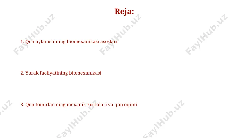 dorligiga, masalan, kapillyarlardagi o'tish tezligiga ta'sir ko'rsatadi. qon tomirlarining biomexanik xususiyatlari qon tomirlarining devorlari elastik tolalar va silliq mushak hujayralaridan tashkil topgan bo'lib, ularning qalinligi 0,1 mm dan 10 mm gacha o'zgarib turadi va bu o'zgarishlar qon bosimining 120/80 mm hg ga teng bo'lgan normal holatini saqlashda muhim rol o'ynaydi. o'rtacha kattalikdagi inson tanasidagi qon tomirlarining umumiy uzunligi 100 000 km dan ortiqni tashkil etadi, bu yerning ekvator uzunligidan 2,5 baravar ko'p bo'lib, ularning har biri o'ziga xos biomexanik xususiyatlarga ega. qon oqimining gidrodinamikasi qonning viskoziteti (qovushqoqligi) 37°c haroratda taxminan 3-4 sp bo'lib, qon plazmasining tarkibi va gematokrit darajasiga bog'liq. bu ko'rsatkich qon oqimining tezligiga va qarshiligiga ta'sir qiladi. markaziy osiyo mamlakatlarida olib borilgan tadqiqotlar shuni ko'rsatdiki, balandlikdagi o'zgarishlar qon oqimining gidrodinamikasiga, xususan, qon bosimining o'zgarishiga ta'sir qiladi, masalan, toshkentga nisbatan farg'ona vodiysida qon bosimi biroz pastroq bo'lishi mumkin. qon aylanishining kasalliklarida biomexanik o'zgarishlar klapan kasalliklari, masalan, mitral stenozi, chap …