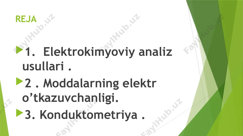 lgan ionlarning kansentratsyasini titrlash jarayonida kimyoviy reaksiya borishi natijasida o’zgarishiga asoslangan . konduktometrik titrlashning asosiy maqsadi shundaki u faqat ekvivalent nuqtani topishdan iborat. biz titrlash davomida eritmaning hajmi kuchli o’zgarib ketishiga yo’l qo’ymaslik kerak , chunki deganda suyiltrish natijasida elektr o’tkazuvchanlik pasayib ketadi. shu uchun yuqori kansentratli titrant ishlatiladi . ishni bajarish tartibi:yacheykada 5-10ml 0,25 nli kislota qo’yiladi , elektrodlar tushiriladi va kolraush ko’prigiga ulanadi. eritmaning qarshiligi rx bir necha marotiba aniqlanadi va o’rtacha qiymat olinadi.so’ngra eritmani magnit aralashtirgich yordamida aralashib turgan holda , byuretkadan 0,1 sm ulushda ishqorning 2,0 n li titrlangan eritmasidan quyib boriladi va buni amalda bajarib ko’rdik o’zimiz. chiziqlar deyarli to’g’ri bo’lish uchun tirlanayotgan eritmaning hajmi deyarli o’zgarmasligi kerak .shuning uchun titrlashga ishqorning yuqori kansentratsyasi olinadi.(titrantning kansebtratsiyasi titrlanayotgan eritmaning kansentratsiyasidan 5-10 marta yuqori yuqori bo;lish kerak , va titrlanayotgan kansentratsiyasiga 150 ml distrlangan suv qo’yiladi. konduktometrik analiz usulida kislota va asos eritmalarining ozaro reaksyasi hamda ularning …