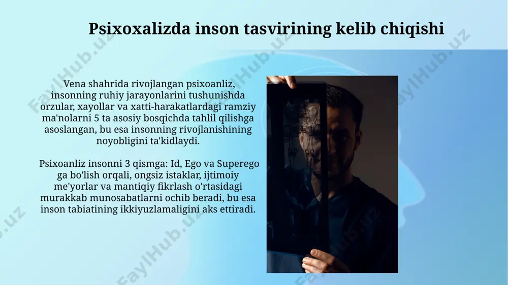 ues lacanning ramziy tartibga solish nazariyasi insonning til va madaniy muhit bilan o'zaro ta'siri orqali shakllanishini, masalan, 7 ta bosqichdan iborat rivojlanish modeliga asoslanib tushuntiradi. zamonaviy psixoxaliz, 20-asrning ikkinchi yarmidan boshlab, insonni 3 ta asosiy tuzilma – id, ego va superego orqali emas, balki ko'proq dinamik va munosabatlarga asoslangan holda tushunishga harakat qiladi. bolalik tajribasi va shaxsiyat rivojlanishi bolalik tajribasi, ayniqsa, 0-5 yosh oralig'ida, shaxsning asosiy xususiyatlarini, masalan, xavfsizlik hissi va bog'lanish uslubini shakllantirishda muhim rol o'ynaydi. o'zbekistondagi tadqiqotlar shuni ko'rsatadiki, 30% dan ortiq bolalarda erta bolalik travmalari kuzatiladi. freud nazariyasi bo'yicha, 5 yoshgacha bo'lgan tajribalar, masalan, ota-onalar bilan bo'lgan munosabatlar, keyinchalik shaxsiyat tuzilishiga, 20 yoshdan keyin paydo bo'ladigan xarakter xususiyatlariga va psixologik muammolarga sezilarli ta'sir ko'rsatadi. psixoxanalitik terapiya va inson tasviriga ta'siri inson tasviriga ta'siri jihatidan, psixoanaliz 5 yoshgacha bo'lgan bolalik tajribalarining shaxsiyat rivojiga kuchli ta'sirini va ongsiz konfliktlarning psixik salomatlikka 20% gacha ta'sirini ta'kidlaydi. psixoanalitik terapiya, 19-asr oxiri …