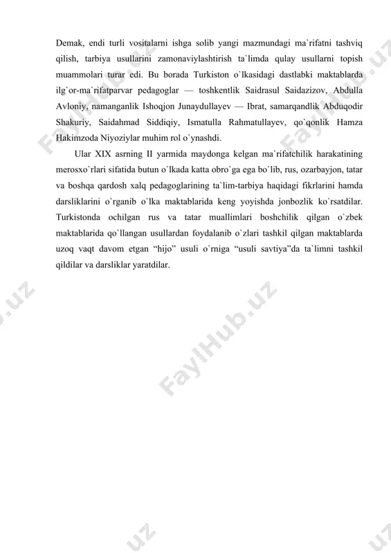 fatchilik harakatining merosxo`rlari sifatida butun o`lkada katta obro`ga ega bo`lib, rus, ozarbayjon, tatar va boshqa qardosh xalq pedagoglarining ta`lim-tarbiya haqidagi fikrlarini hamda darsliklarini o`rganib o`lka maktablarida keng yoyishda jonbozlik ko`rsatdilar. turkistonda ochilgan rus va tatar muallimlari boshchilik qilgan o`zbek maktablarida qo`llangan usullardan foydalanib o`zlari tashkil qilgan maktablarda uzoq vaqt davom etgan “hijo” usuli o`rniga “usuli savtiya”da ta`limni tashkil qildilar va darsliklar yaratdilar. foydalanilgan adabiyotlar ro`yxati 1. i.a.karimov. «ijobiy ishlarimizni oxiriga yetkazaylik». t.: o`zb, 1994 y. 2. i.a.karimov. o`zbekiston xxi asr bo`sag`asida: xavfsizlikka tahdid, barqarorlik shartlari va taraqqiyot kafolatlari. t.: o`zbekiston, 1997 yil 3. ibn xalmiqon haqida. abu nasr forobiyning «fozil odamlar shahri» kitobidan olindi. t. abdulla qodiriy nomidagi xlaq merosi nashiriyoti, 4. abu nasr forobiy. risolalar. mas`ul muharrir o`zbekiston respeblikasi fa haqiqiy a`zosi m.m.xayrullayev. t. «fan», 1975. page