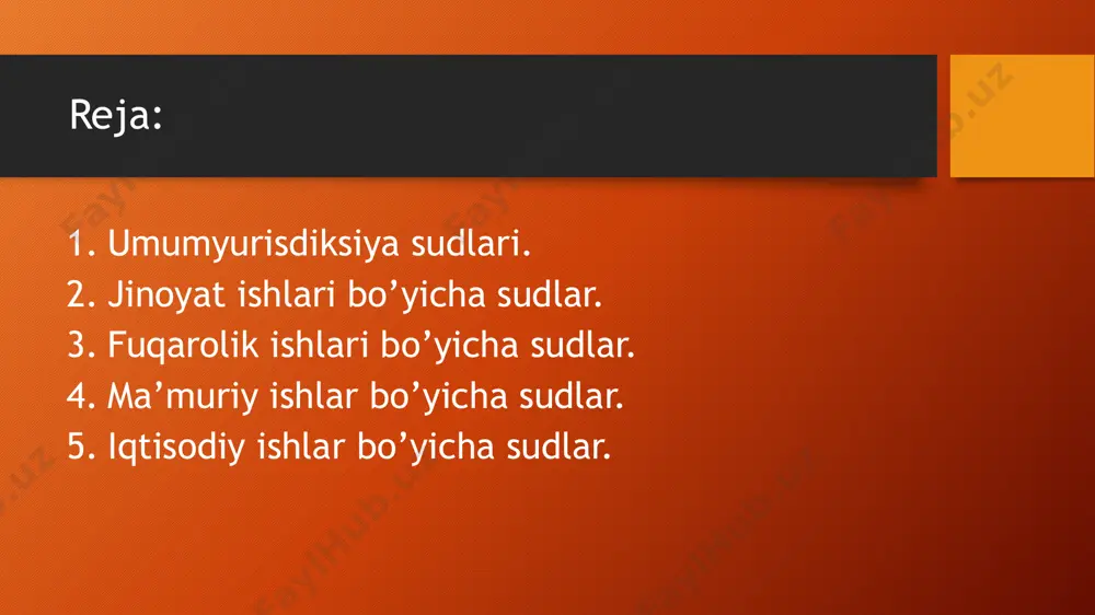 farzandlikka olish. 3.bedarak yo’qolgan yoki vafot etgan deb topish. 4.g'ayritabiiy psixiatr dispanseriga joylashtirish. 5.sil kasaligiga qarshi kurashish dispanseriga joylashtirish yoki muddatini uzaytirish. 6.emansipatsiya. 7.mulkni egasiz deb topiladigan ishlar. 8.taqdim etuvchiga deb berilgan hujjatlar yo’qolgan taqdirda. 9. yo’qolgan sud ishlarini tiklash. buyruq tartibida ko’riladigan ishlar: -notarial tasdiqlangan bitimga asoslangan ishlar. -yozma bitimga asoslangan qarzdor tomonidan qayd etilgan bo’lsa. -komunal va aloqa xizmatlari bo’yicha to’lovlar. -voyaga yetmaganlar uchun aliment undirish, otalikni belgilash. -hisoblangan lekin xodimga to’lanmagan ish haqi. -soliq va majburiy to’lovlarni undirish to’g’risida. -ijara shartida ko’rsatilgan to’lovlarni to’lash. -ko‘p kvartirali uyning majbur mulkdorlardan badali. -yozma bitim mavjud bo’lganda qarzdorni qarzlari uning mol-mulkiga qaratilganda. ma’muriy sudlar quyidagi ishlar bo’yicha nizolarni ko’rib chiqadi: 1. idoraviy-normativ huquqiy hujjatlar, qarorlar, buyruqlar yuzasidan nizolar. 2.mahalliy davlat hokimiyati organlarining, fuqarolarning o’zini o’zi boshqarish organalri va boshqa ma’muriy organlarni chiqargan qarorlari yuzasidan kelib chiqqan nizolar. 3.saylov komissiyasining xatti-harakati va qarorlari ustidan nizolar. 4.notariusni yoki fhdyoni harakatlari yuzasidan nizolar. …
