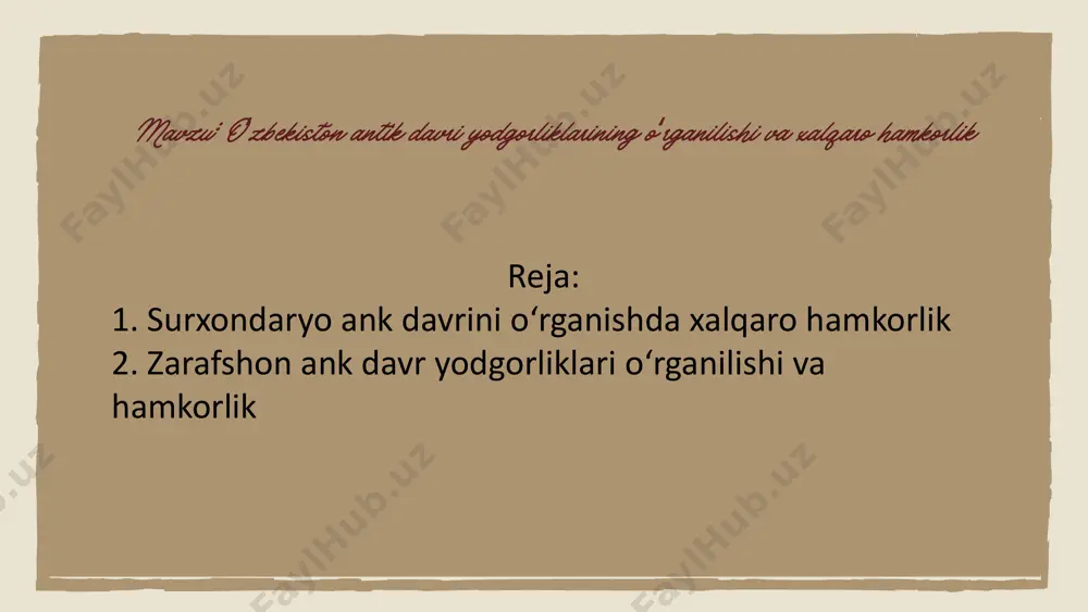 agi moskva san’atshunoslik muzeyi arxeologik guruhi yodgorlikda qazish ishlarini olib bordi, natijada budda ibodatxonasi topib o’rganildi. majmua yumshoq loy tepalikning uchta cho'qqisida joylashgan bo'lib, har biri 3-5 rohib uchun mo'ljallangan ko'p sonli vixaralardan iborat. har bir vihara to'rtburchak maydon edi, uning markazida stupa bo'lishi mumkin edi , bularning barchasi devor bilan o'ralgan va qo'shimcha binolar bilan o'ralgan edi. platforma bir uchida tunnellar qazilgan tog' yonbag'iriga suyanib turardi. shimoliy hovli terakota boshi qoratepa topilmalari fayoztepa – eski termiz hududida joylashgan. l.i.albaum rahbarligida arxeologik guruh yodgorlikda qazish ishlarini olib bordi. natijada budda haykallari, buddistlar to’planadigan joy o’rganildi. bu yodgorliklardagi o’zbekiston–yaponiya davlatlari birlashgan arxeologik guruhi qazish ishlarini olib borishmoqda, topilgan ashyolar bir necha marta yaponiyadagi ko’rgazmada namoyish qilingan. e.rtveladze tomonidan surxondaryo viloyati bo’ylab arxeologik qidiruv ishlari olib borilib, 130 dan ortiq yodgorliklar viloyat arxeologik xaritasiga qayd etilgan, ularning aksariyati antik davrga oid bo’lgan. kato kyudzo- yapon arxeologi, antropologi, tarixchisi va etnografi. yaponiya milliy …