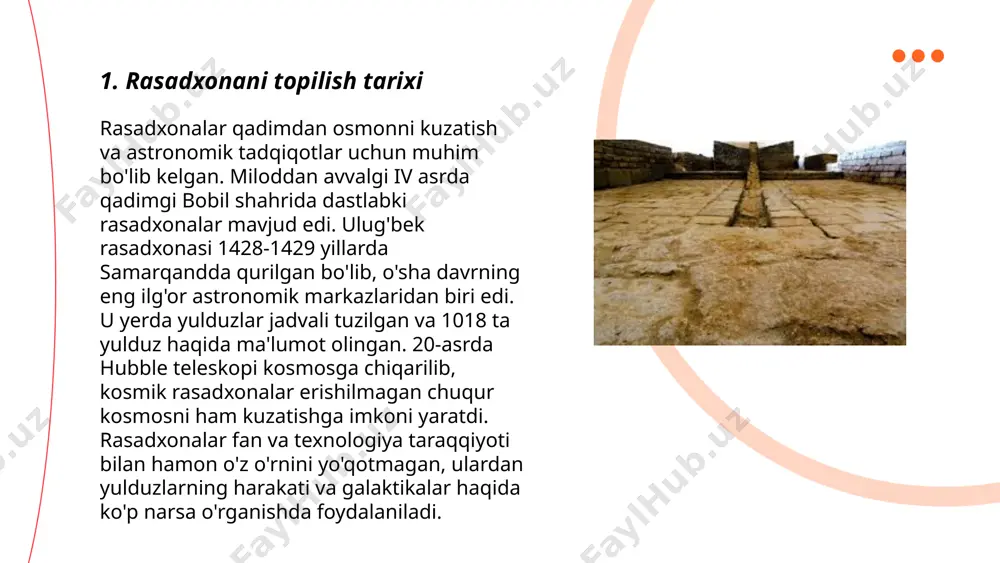 .. t.me/slaydai_bot mirzo ulug‘bek, ulug‘bek rasadxonasi asoschisi sifatida astronomiyaga katta hissa qo‘shgan. 1428 yilda samarqandda barpo etilgan bu rasadxona, o‘sha davrning eng ilg‘or astronomik markazi edi. ulug‘bekning asosiy ilmiy asari "ziji jadidi ko‘ragoniy" bo‘lib, unda 1018 yulduzning joylashuvi aniq belgilangan. ushbu katalog 1437 yilda tuzilgan va o‘sha davr astronomiyasida katta ahamiyatga ega bo‘lgan. shuningdek, ulug‘bek bir yillik vaqtning uzunligini 365 kun, 5 soat, 49 daqiqa va 15 soniyaga aniqlagan bo‘lib, bu natija zamonaviy qiymatga deyarli mos keladi. uning ilmiy ishlari keyingi asrlarda ham astronomlar uchun muhim manba bo‘lib xizmat qilgan. ... t.me/slaydai_bot 7. ulug‘bekning rasadxonada o'tkazgan tadqiqotlari ulugʻbekning rasadxonasida oʻtkazgan tadqiqotlari samarqanddagi astral ilmlar rivojiga ulkan hissa qoʻshgan. 1428-1429 yillarda qurilgan rasadxona dunyoning eng aniq astronomik kuzatuv asboblari bilan jihozlangan edi. ulugʻbek va uning olimlari tomonidan tuzilgan "ziji jadidi ko‘ragoniy" astronomik jadvali eng ilg‘or hisoblanib, 1018 ta yulduz joylashuvi aniqlangan. ushbu ishlar bilan ulugʻbek quyosh yilining uzunligini 365 kun, 5 …