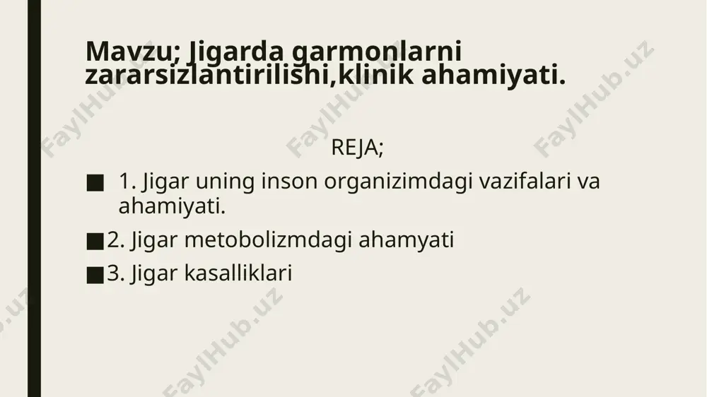 lar va sutemizuvchilarga nisbatan kattaroq. jigar shakli hayvonlarning gavda tuzilishiga ham bog’liq. jigar organizmdagi eng yirik bez (1200–2200). rangi qizg’ish-qo’ng’ir rang bo’lib, katta o’ng bo’lagi kichikroq chap bo’lagidan farq qiladi. jigar ko’plab alohida hujayralardan — gepototsitlardan tashkil topgan. gepototsitlarning o’rtasida o’t yo’llarining boshlang’ich qismi bo’lgan o’t kanalchalar joylashgan. gepototsitlar ko’p burchakli (poligonal) shakldagi yirik hujayralar (20–25 mkm) bo’ladi. jigar hujayra elementlarining 60 % tashkil qiladi va a’zoning ko’pchilik asosiy vazifasini bajaradi. har bir bunday hujayra — kichik «kimyoviy laboratoriya» bo’lib, u organizmga tushuvchi barcha zararli moddalarni va zaharlarni zararsizlantiradi. jigarning maxsus yulduzchasimon hujayralari fagositlarga va antitelalar hosil qilishga qodir. jigar qonni yig’ib tura oladi, embryonal rivojlanishda qon elementlari va gemoglobin hosil qilishda ham ishtirok etadi. organizmdagi qonning 1/5 qismi jigar tomirlariga sig’ishi mumkin. qondagi ortiqcha suv qisman jigardan ajalib chiqib, o’t va limfa hosil bo’lishiga ketadi jigar o’tni uzluksiz ishlab o’zining o’t yo’li orqali chiqaradi. o’n ikki barmoqli o’t kirish …