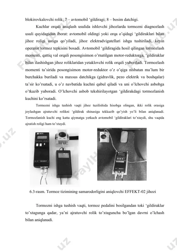 nalar uchun po’lat qoplangan uzoq muddat xizmat qiluvchi roliklarga ega. 3.tormoz boshqarmasi agregat va detallarini ta’mirlash jihozlari. тormoz kolodkasi qoplamasini almashtirish uchun eski parchin mixlar parmalanib chiqarib olinadi yoki maxsus press yordamida bosib-urib chiqariladi. r-304 turdagi press pnevmatik dastgoxdan iborat bo’lib, bundan faqatgina eski parchin mixlarni urib (bosib) chiqarishda emas, balki bu parchin mixlar kallagini tayyorlashda ham foydalaniladi. 6.5-rasm. тormoz kalodkasiga qoplamani yelimlash moslamasi. 1-ushlagich; 2-chegaralovchi halqa; 3-vint; 4-chegaralagich; 5-tormoz kolodkasi; 6-qizdirgich тormoz kolodkasiga yangi qoplamani yelimlash uchun maxsus moslamadan foydalaniladi. qoplama kolodka bilan birlashtirilib maxsus moslamaga (6.5-rasm) o’rnatiladi hamda 0,2-0,4mpa bosim bilan siqiladi va 175-185(s haroratda 1,5-2 soat quritiladi. kamaz turidagi ko’p konturli tormoz tizimining quvvat akkumulyatorlarini bo’laklarga bo’lish katta mas’uliyatni talab qiladi. quvvat akkumulyatorida kuchli prujina siqilgan bo’lib, ajratish vaqtidagi ehtiyotsizlik ishchiga jarohat yetkazishi mumkin (6.6-rasm). 6.6-rasm. quvvat akkumulyatorini bo’laklarga ajratish moslamasi. 1-taglik; 2-chiqish joyi; 3-silindr; 4-chegaralovchi halqa; 5-zichlagich; 6-tayanch podshipnigi; 7-o’q; 8-ushlagich; 9-tayanch; 10-vint; adabiyotlar: 1. karimov …