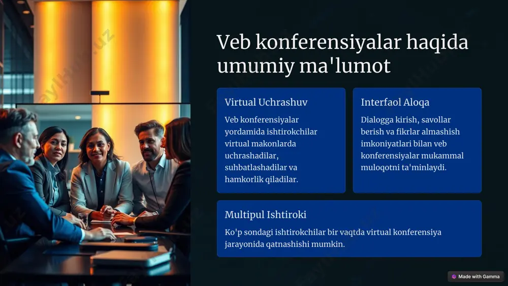 gan bo'lsa, o'chirib qo'yish. kamerani yoqish vizual aloqa uchun kamerani yoqish. diqqatli tinglanish boshqa ishtirokchilarni avaylab tinglab, muammolarni bartaraf etish. 7 veb konferensiya yozuvlarini saqlash va ulardan foydalanish yozish muhim mavzular va fikrlarni yozib olish. saqlab qolish yozuvlarni xavfsiz va tez topish mumkin bo'lgan joyda saqlash. foydalanish keyingi uchrashuv va maqsadlar uchun yozuvlardan foydalanish. 8 veb konferensiyalarning afzalliklari va kamchiliklari afzalliklari masofadan ishtirok etish, xarajatlarni kamaytirib, ekologiyaga dost. kamchiliklari texnik muammolar, yuqori internet tezligi zaruriyati, shaxsiy muloqotga yetishmovchilik. 9 xulosa va keyingi bosqichlar xulosa veb konferensiyalar – virtual muloqot va hamkorlik uchun samarali vositadir. keyingi bosqichlar tizimli ish jarayonlarini qo'llash va samaradorligini nazorat qilish. 10 image1.png image2.png image3.png image4.png image5.png image6.png image7.png image8.png image9.png image10.png image11.png image12.png image13.png image14.png image15.png image16.png