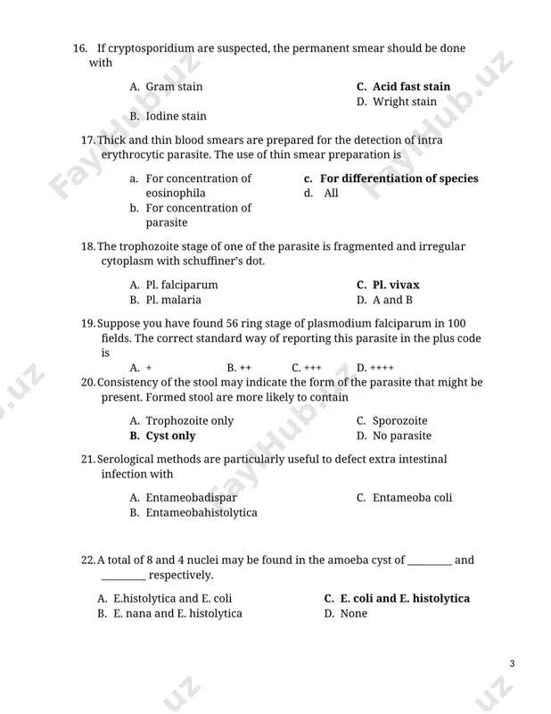 d. isospora belli 28. in the lab diagnosis of ameobiasis, the most confusing spps. of ameobic with pathogenic one is? a. e. coli b. e. nana c. e. gingivalis d. e. dispar 29. the largest intestinal round worm is a. e. vermicularis b. ascarislumbricoides c. trichuristrichuria 30. a barrel shaped parasite which has plug at both ends is a. ascarislumbricoides b. whip worm c. pin worm d. none 31. a parasite which has thick wall, colorless, and flatend at one side is a. ascarislumbricoides b. whip worm c. pin worm 32. which of the following parasite do not cause heart- lung migration? a. strongyloidesstercoralis b. ascarislumbricoides c. hook worm d. e. vermicularis 33. it is known in causing elephantiasis a. dracuncolusmedinesis b. loa- loa c. w. bancrofti 34. a thin black wall intestinal nematodes usually oval or round a. trichuristrichuria b. ascarislumbricoides c. hook worm d. not given 35. it …