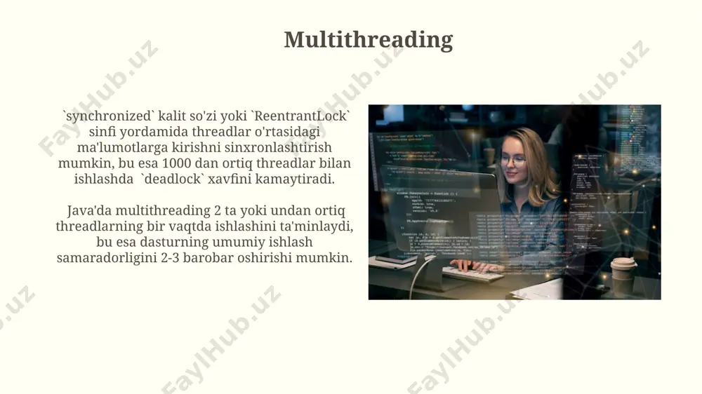 kirish darajalarini boshqaradi: klass ichida, paket ichida va boshqa klasslar tomonidan. metodlarni rekursiv ravishda chaqirish mumkin, bu metod o'z ichida o'zini chaqirishi demakdir. bunday hollarda to'xtash sharti bo'lishi juda muhim, aks holda stackoverflowerror xatosi yuz beradi. java platformalari java se (standard edition), java ee (enterprise edition) va java me (micro edition) kabi 3 ta asosiy platformasi mavjud bo'lib, har biri o'ziga xos xususiyatlar va maqsadli ilovalar bilan ajralib turadi. masalan, java ee korporativ dasturlar uchun mo'ljallangan. java platformalari turli xil qurilmalar, shu jumladan, 1 milliarddan ortiq qurilmalarda ishlaydigan keng ko'lamli va ko'p platformali muhitni taqdim etadi, bu esa dasturchilarga bir xil kodni turli platformalarda ishlatishlariga imkon beradi. massivlar ikki o'lchovli massivlar (matritsalar) satr va ustunlardan tashkil topgan bo'lib, ularga [satr][ustun] indekslari orqali murojaat qilinadi, masalan, 3x4 o'lchamli massivda 12 ta element bo'ladi. massivlarning hajmi yaratilgandan keyin o'zgartirilmaydi, shuning uchun kerakli hajmdagi massivni dastlabki bosqichda aniqlash juda muhimdir, aks holda `outofmemoryerror` …