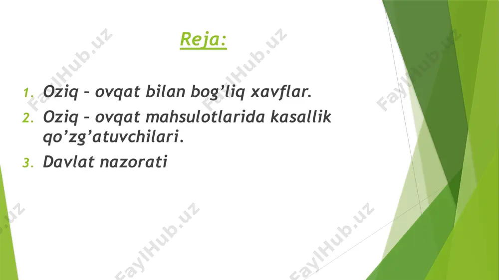 a toksigen agentlarini tashuvchilari hisoblanishi mumkin. oziq-ovqat mahsulotlarini iste’mol qilinishi bilan bog’liq kasalliklar qo’zg’atuvchilari o’zlarini turli-tumanligi bilan tavsiflanadi. ularni ba’zilarini ta’siri oziq-ovqat mahsulotlarini iste’mol qilishga qadar, unda mikroorganizmlarni rivojlanishida hosil bo’lgan toksik metabolitlar bilan belgilanadi (masalan, stafilokokkli oziqaviy zaharlanishlar va botulizm). boshqalarini ta’siri esa tirik mikroorganizmlarga ega bo’lgan mahsulotlarni iste’mol qilinishidan kelib chiqadi (masalan, salmonellalar). ba’zi hollarda ko’p miqdorda tirik mikroorganizmlar iste’mol qilinganda, ularni ovqat hazm qilish traktida sporalar hosil qilishi va toksin ajratilishi kuzatiladi. mikroorganizmlar keltirib chiqaradigan oqibatlar og’irligi vaqtinchalik noxushlikdan, botulizmdagi o’tkir toksik effektgacha o’zgarishi mumkin. ushbu kasalliklarni qaytarilishi chastotasi yil davomida bir necha ming holatlarni tashkil etishi mumkin. oziqaviy omillar bilan bog’liq bo’lgan oziq-ovqat masulotlarini xavflari oziqaviy moddalarni yetishmasligi va me’yoridan yuqoriligi nuqtai nazaridan qaralishi mumkin. oziqaviy moddalarni yetishmasligi singa, pellagra, raxit, beri-beri kabi kasalliklarni yuzaga keltirishi ma’lum. ammo, oziqaviy moddalarni, jumladan yog’da eruvchi vitaminlarni va ba’zi mikroelementlarni me’yoridan yuqoriligi ham zararli. bu muammolardan tashqari yomon ovqatlanish …
