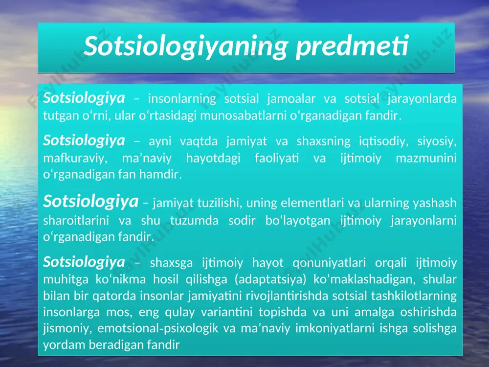 eti bo‘lib xizmat qiladi deb xisoblagan. fales –anaksimen fales – uning fikricha, jamiyat va tabiatning asosini dastlabki tarkibiy modda hisoblangan suv omili tashkil etadi. barcha o’zgarishlar suv va suyuqliklar tufayli ro’y berishini ta'kidlaydi. tabiatdagi barcha narsalar suv ishtirokida yuzaga kelganligi sababli ularning hammasida jon bor. uning ana shu goyasi tabiat va jamiyatga insoniy yondashuvning shakllanishiga xizmat kilgan.uning ijtimoiy karashlari bevosita sotsiologiyaning rivojlanishiga katta hissa qo’shdi. anaksimen – u olamni asosini havo tashkil etadi deb hisoblaydi. uning fikricha havoning tabiatda yigilishi va siqilishi natijasida suv, tuproq, tosh va olovdan iborat zaruriy qismlar yuzaga keladi. anaksimen nazarida xavo-dunyoni urab turgan nafas bulib, jamiki narsalarga uz ta'sirini utkazib turadi deb xisoblaydi. pifagor –geraklit pifagor – uning fikricha, olam abadiy bo’lib, insondagi rux boshqa narsalarga kuchib yuradi. ana shu ta'limot uning g’oyasini vujudga kelishiga sabab bo’lgan. olamning asosi son va raqamlardan iborat ekanligi xam pifagorning asosiy falsafiy g’oyalaridan xisoblanadi. grek demokratiyasi ravnaqi bosqichiga to’xtalib …