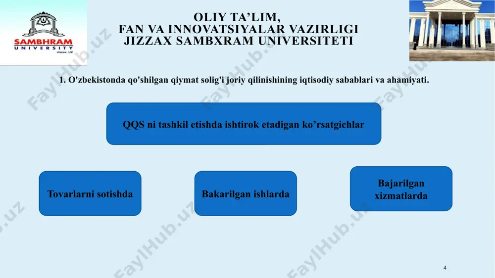 n mahsulotlari; 6). pochta markalari (kolleksiya qilinadiganlaridan tashqari), markali otkritkalar, konvertlar; 7). aloqa tashkilotlarining pensiya va nafaqalar to'lash bo'yicha xizmatlari; 10 oliy ta’lim, fan va innovatsiyalar vazirligi jizzax sambxram universiteti 3.qo'shilgan qiymat solig'i stavkalari. qo'shilgan qiymat solig'idan quyidagi realizatsiya qilish aylanmalari ozod etiladi: 8). byudjet mablag'lari hisobidan bajariladigan ilmiy-tadqiqot va innovatsiya ishlari. 9). oliy, o'rta, o'rta maxsus, kasb-hunar o'quv yurtlarida, shuningdek, kadrlarning malakasini oshirish va ularni qayta tayyorlash bilan shug'ullanuvchi tashkilotlarda ta'lim berishning haq evaziga o'qitishga doir qismi bo'yicha xizmatlar; 10). tibbiy va veterenariya xizmatlari (kosmetologiya xizmatlari bundan mustasno), shuningdek, dori vositalari va tibbiy (veterinariya) buyumlari, shu jumladan, ularni ishlab chiqaruvchilar tomonidan realizatsiya qilinayotgan shunday vositalar va buyumlar. ushbu bandning qoidalarini qo'llash maqsadlarida: 11). sanatoriy-kurort, sog'lomlashtirish, turistik-ekskursiya xinnatlari shuningdek, jismoniy tarbiya va sport muassasalarining tegishli hujjatlar bilan rasmiylashtirilgan xizmatlari: 12). uy-joy fondini saqlash va ta'mirlash yuzasidan aholiga ko'rsatilayotgan xizmatlar. 11 oliy ta’lim, fan va innovatsiyalar vazirligi jizzax sambxram universiteti 3.qo'shilgan …