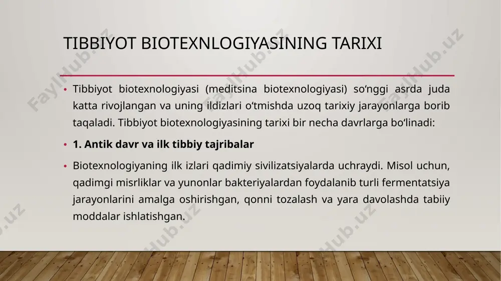 xnologiyalar so‘nggi o‘n yilliklarda biotexnologiya yangi bosqichga ko‘tarildi. klonlash, kam hujayra (stvolovye kletki) tadqiqotlari, gen tahrirlash texnologiyalari (crispr) va regenerativ tibbiyot keng qo‘llanila boshladi. genetik tibbiyot yordamida bir qator irsiy kasalliklarni davolash bo‘yicha muhim yutuqlarga erishildi. bugungi kunda tibbiyot biotexnologiyasi sun'iy organlar yaratish, regenerativ davolash va personalizatsiyalangan davo usullari orqali sog‘liqni saqlash sohasini tubdan o‘zgartirmoqda. tibbiyot biotexnologiyasi — bu biologik tizimlar va organizmlardan foydalanib, tibbiyot sohasida yangi texnologiyalar va davolash usullarini yaratishga qaratilgan fan. u biologiya, genetika, kimyo va muhandislik kabi turli sohalarni birlashtirib, inson salomatligini yaxshilashga qaratilgan innovatsiyalarni ishlab chiqadi. tibbiyot biotexnologiyasi yangi dorilar, diagnostika usullari, genetik terapiya va organlarni sun'iy ravishda yetishtirish kabi jarayonlarda ishlatiladi. quyida tibbiyot biotexnologiyasining asosiy yo‘nalishlari va ahamiyatini tushuntirib beraman: 1. genetik muhandislik va gen terapiyasi gen terapiyasi genetik kasalliklarni davolashning istiqbolli yo‘li bo‘lib, buzilgan yoki yo‘qolgan genlarni sog‘lom genlar bilan almashtirish orqali amalga oshiriladi. bu usul yordamida genetik kasalliklarni, masalan, mushak distrofiyasi yoki …