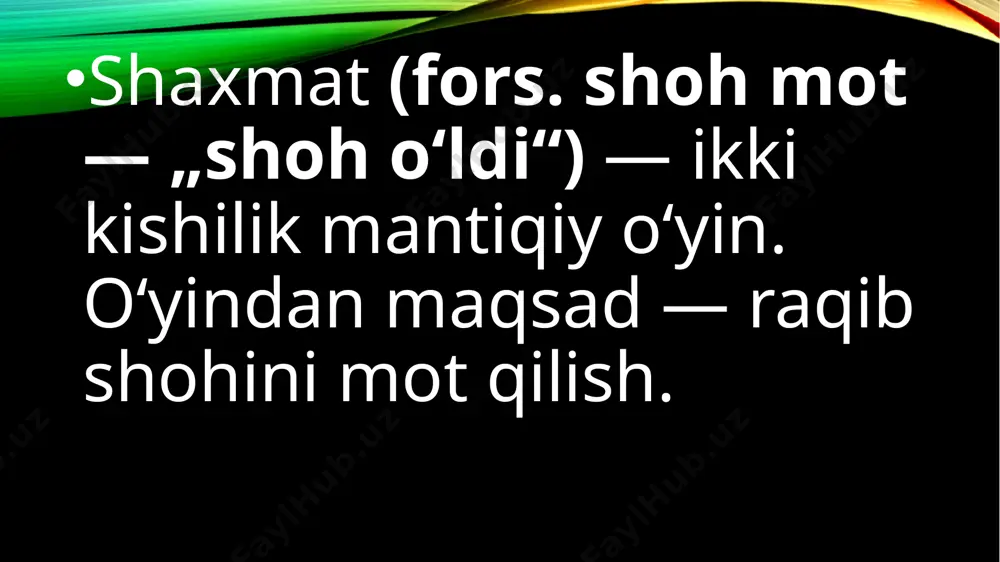 hu shaxmatdagi alohida yurish hisoblanadi, bu yurishda baravariga ikki sipoh: shoh va rux harakatlantiriladi. har bir o’yinchida hir shoh va ikkitadan rux bo‘lganligi sababli qisqa (shoh va rux o‘rtasida 2 xona) hamda uzun (shoh va rux o‘rtasida 3 xona) rokirovkalar ho'ladi. rokirovka shoh va rux o'rtasida boshqa sipohlar bo'lmaganida amalga oshiriladi. quyidagi holatlarda rokirovka mumkin emas: shoh yoki ruxlar yurgan bo‘lsa. agar bir rux yurishni amalga oshirgan ho‘lsa unda yurmagan rux hilan rokirovka qilish mumkin. shoh va rux o‘rtasida o‘zining yoki raqibining sipohi turgan bo‘lsa rokirovka mumkin emas. shoh zarba ostida bo‘lsa. shoh berilgan paytda rokirovka qilish mumkin emas. agarda rokirovka bajarilgandan so‘ng zarbaga duch keladigan bo’lsa rokirovka mumkin emas. rokirovka paytida shoh hujum qilingan xonadan o‘tadigan bo‘lsa rokirovka mumkin emas. yo’lda urib o’tish "yo'lda urib o'tish qoidasi shunday ifoda etiladi: agar piyoda dastlabki holatidan ikki xonaga yursa, shu bilan raqib piyodasi zarbasi ostida bo'lgan xonani bosib o'tsa unda raqibning …