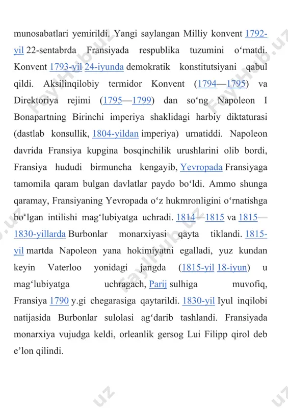 stlabki kunlaridanoq qarshshshk koʻrsatish harakatinm boshlab yubordi. 1940-yil general sh. de goll boshchiligida „ozod fransiya“ harakati (1942-yildan „kurashayotgan fransiya“) tuzildi. bu harakatga fransiyaning afrikadagi mustamlakalari (chad, kamerun, oʻrta kongo, gabon va boshqalar)ning fransuz harbiy qismlari va maʼmurlari ham qoʻshildi. 1941-yil 24-sentabrda de goll fransuz milliy qoʻmitasini tashkil etdi, bu qoʻmita keyinroq muhojirlikdagi fransiya hukumatiningoʻzagi boʻldi. 1943-yil 3-iyunda jazoirda general de goll raqbarligida fransiya milliy ozodlik qoʻmitasi (fmoq) tuzildi. 1944-yil 2-iyunda aqsh, buyuk britaniya va sssr tomonidan tan olingan fmoq fransiya respublikasining muvaqqat hukumatiga aylandi. 1944-yil oxmriga kelib, fransiya hududi fransuz vatanparvarlari va angliya, amerika qoʻshinlari tomonidan ozod etildi. ikkinchi jahon urushida mamlakat iqtisodi katta zarar koʻrdi. uning xalqaro mavqei pasayib, fransiya mustamlakachilik imperiyasining parchalanishi boshlandi. 1946-yil 24-dekabrda demokratik ruxdagi yangi konstitutsiya qabul kilindi. toʻrtinchi respublika davri (1946—1958) boshlandi. 1949-yil shimoliy atlantika shartnomasi tashkiloti (nato)ga aʼzo boʻldi. mamlakat va armiya ichidagi reaksion kuchlar 1958-yil mayda jazoirda respublikaga qarshi isyon koʻtardilar. jazoirdagi …