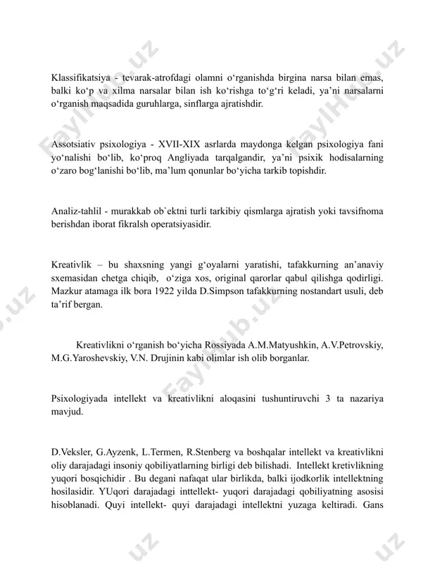 , deb ta’rif bergan. kreativlikni o‘rganish bo‘yicha rossiyada a.m.matyushkin, a.v.petrovskiy, m.g.yaroshevskiy, v.n. drujinin kabi olimlar ish olib borganlar. psixologiyada intellekt va kreativlikni aloqasini tushuntiruvchi 3 ta nazariya mavjud. d.veksler, g.ayzenk, l.termen, r.stenberg va boshqalar intellekt va kreativlikni oliy darajadagi insoniy qobiliyatlarning birligi deb bilishadi. intellekt kretivlikning yuqori bosqichidir . bu degani nafaqat ular birlikda, balki ijodkorlik intellektning hosilasidir. yuqori darajadagi inttellekt- yuqori darajadagi qobiliyatning asosisi hisoblanadi. quyi intellekt- quyi darajadagi intellektni yuzaga keltiradi. gans ayzenk kreativlikni qobiliyatning o‘ziga xos ko‘rinishi deb hisoblagan. kreativlik intellektning yuqori bo‘lishi bilan belgilangan. intellekt bu inson va hayvonlarni yangi muhitga moslashishi hisoblanadi. v.shterni, j.piaje, d.veksler va boshqa avtorlar ham ntellektni insonlarni yangi hayotiy sharoitlarga moslashashtiruvchi umumiy qobiliyat sifatida qarashgan. ular o‘z tadqiqotlarida amerikalik minglab maktab o‘quvchilarini logityud metodi orqali tadqiq etishgan. tadqiqot jarayonida , dastlab ularni iq (intellekt koefitsenti) aniqlab olindi. o‘quvchilarni iq koeffitsentiga qarab gruhlarga ajratildilar va 30, 40 , 50,60 yil oralig‘ida kuzatishgan. …