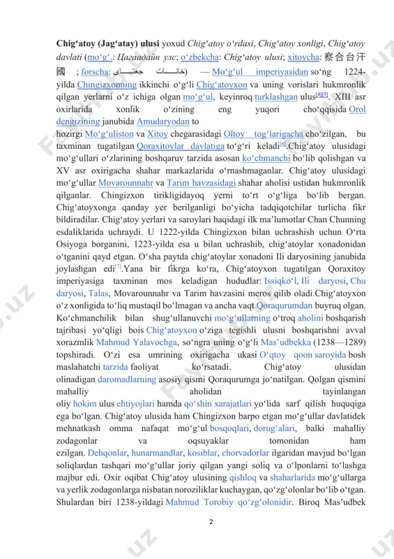 chigʻatoyxon oʻziga tegishli ulusni boshqarishni avval xorazmlik mahmud yalavochga, soʻngra uning oʻgʻli masʼudbekka (1238—1289) topshiradi. oʻzi esa umrining oxirigacha ukasi oʻqtoy qoon saroyida bosh maslahatchi tarzida faoliyat koʻrsatadi. chigʻatoy ulusidan olinadigan daromadlarning asosiy qismi qoraqurumga joʻnatilgan. qolgan qismini mahalliy aholidan tayinlangan oliy hokim ulus ehtiyojlari hamda qoʻshin xarajatlari yoʻlida sarf qilish huquqiga ega boʻlgan. chigʻatoy ulusida ham chingizxon barpo etgan moʻgʻullar davlatidek mehnatkash omma nafaqat moʻgʻul bosqoqlari, dorugʻalari, balki mahalliy zodagonlar va oqsuyaklar tomonidan ham ezilgan. dehqonlar, hunarmandlar, kosiblar, chorvadorlar ilgaridan mavjud boʻlgan soliqlardan tashqari moʻgʻullar joriy qilgan yangi soliq va oʻlponlarni toʻlashga majbur edi. oxir oqibat chigʻatoy ulusining qishloq va shaharlarida moʻgʻullarga va yerlik zodagonlarga nisbatan noroziliklar kuchaygan, qoʻzgʻolonlar boʻlib oʻtgan. shulardan biri 1238-yildagi mahmud torobiy qoʻzgʻolonidir. biroq masʼudbek qoʻzgʻolonni bostirib, xalqni moʻgʻul qasosidan qutqardi. chigʻatoyxon 1242-yilda vafot etadi va uning oʻrniga nabirasi qorahuloku oʻtiradi, chunki uning otasi mutukan 1221-yilda bomyon qamalida oʻldirilgan. qorahuloku mustaqil hukmronlik qilish uchun juda …