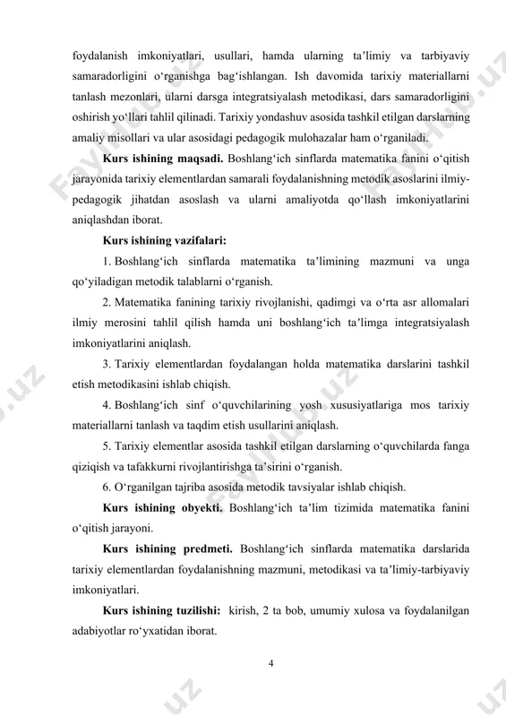 ing rivojlanishiga turtki bo‘lgan. babilda esa yulduzlar harakatini kuzatish, vaqtni o‘lchash va soliq yig‘ish kabi ehtiyojlar arifmetik va astronomik hisob-kitoblarni rivojlantirgan. hindistonda esa nol sonining kashf etilishi va o‘nlik sanoq tizimining joriy etilishi matematikaning rivojlanishida muhim bosqich bo‘ldi. xitoyda esa abakas (hisob lagan) yordamida hisob-kitoblar amalga oshirilgan. o‘rta asrlarda matematika islom olamida katta rivoj topdi. bu davrda yashab o‘tgan mashhur allomalar matematika fanining turli sohalariga katta hissa qo‘shdilar. masalan, muhammad al-xorazmiy algebra fanining asoschisi sifatida tanilgan. u “hisob al-jabr val-muqobala” asarida tenglamalarni yechish usullarini bayon qilgan va bu asar orqali algebra mustaqil fan sifatida shakllangan. abu rayhon beruniy esa geometriya, astronomiya va trigonometriya sohalarida muhim ishlar qilgan. uning yer radiusini aniqlashga oid hisob-kitoblari zamonaviy ilm-fan uchun ham ahamiyatlidir. mirzo ulug‘bek esa samarqandda rasadxona qurib, yulduzlar jadvalini tuzgan va bu orqali astronomiya va matematika fanlariga katta hissa qo‘shgan. matematikaning tarixiy taraqqiyoti boshlang‘ich ta’limda ham aks ettirilishi lozim. chunki bu orqali o‘quvchilarda …