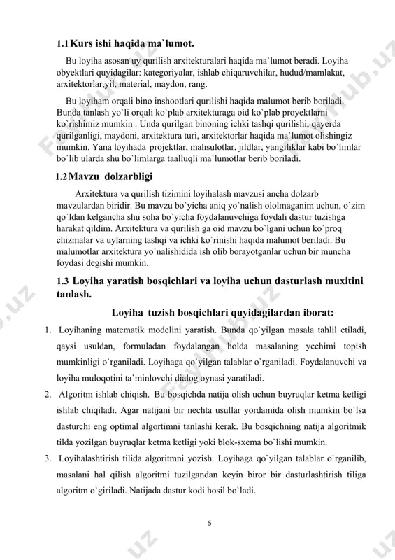 r yordamida yaratiladi: loyiha tuzishninig eng asosiy usullaridan bir bu strukturaviy dastur tuzishdir. bu usulda dastur tuzish uchun uchta qism mavjud: 1. yuqoridan pastga dastur tushish. 2. modulli dasturlash. 3. strukturali dasturlash. yuqoridan pastga dastur tuzishda dasturning yuqori qismdan boshlanadi. loyihaning asosiy qismi tuzilib, quyi qismidagi modullar esa vaqtinchalik fakt nomlari bilan atalgan proseduralar bilan almashtiriladi. loyihani asosiy moduli tuzilib, testidan o’tkazilgandan so’ng ketma-ket vaqtincha yozilgan modullarni yozish bilan dastur tuzish davom ettiriladi. modul programmalashtirishda dasturni mantiqiy qisimlariga bo’linadi. bu modullar dasturda protseduralar va funktsiyalar orqali amalga oshiriladi. strukturali kodlash deganda har bir modulni gorizantal va vertikal qatorlarda to’g’ri nomlanishiga aytiladi. bu usul yordamida modullardan tuzilgan dasturlar ishlaydigan testidan o’tkazishi qulay modifikattsiya qilish uchun qulay dasturlar yaratish mumkin. loyiha tuzatishning texnologik jarayoni. loyiha tuzish quyidagi bosqichlardan amalga oshiriladi: -vazifani qo’yilishi. bu bosqichda dasturchi buyurtmachi yordamida echilishi kerak bo’lgan vazifani qo’yadi. texnik topshiriq tuziladi. bunda dasturning asosiy xarakteristikalari, muddatlar va ma`sul …