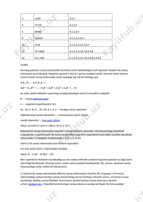 rliklari: kilobayt, megabayt, gigabayt, terobayt bo’lib, ular o’zaro quyidagicha bog’langan. 1024 bayt=1 kbayt 1024 kbayt=1 mbayt 1024 mbayt=1 gbayt 1024 gbayt=1 tbayt axborot sifati axborot quyidagi sifatlarga ega bo’lishi kerak: axborotning reprezentativligi – obyekt xususiyatini adekvat ifoda etish maqsadida axborotni to’g’ri tanlash va shakllantirish bilan bog’liqdir. axborotning mazmundorligi – semantik hajmini ifoda etadi. axborotning yetarliligi (to’laligi) – qaror qabul qilish uchun minimal, lekin yetarli tarkibga ega ekanligini bildiradi. axborotning dolzarbligi – axborotdan foydalanish vaqtida uning boshqarish uchun qimmatliligi saqlanib qolishi bilan belgilanadi va uning xususiyatlari o’zgarish dinamikasiga hamda ushbu axborot paydo bo’lgan vaqtdan buyon o’tgan davr oralig’iga bog’liq bo’ladi. axborotning vaqtidaligi – axborotning avvaldan belgilab qo’yilgan vazifani hal etish vaqti bilan kelishilgan vaqtdan kechikmasdan olinganligini bildiradi. axborotning aniqligi – olinayotgan axborotning, obyekt, jarayon, hodisa va hokazolarning aniq holatiga yaqinligi darajasi bilan belgilanadi. axborotning ochiqligi – foydalanuvchi axborotni idroklash uchun uni olish va o’zgartirish jarayonlarini bajarish yo’llari bilan amalga oshiradi axborotning …