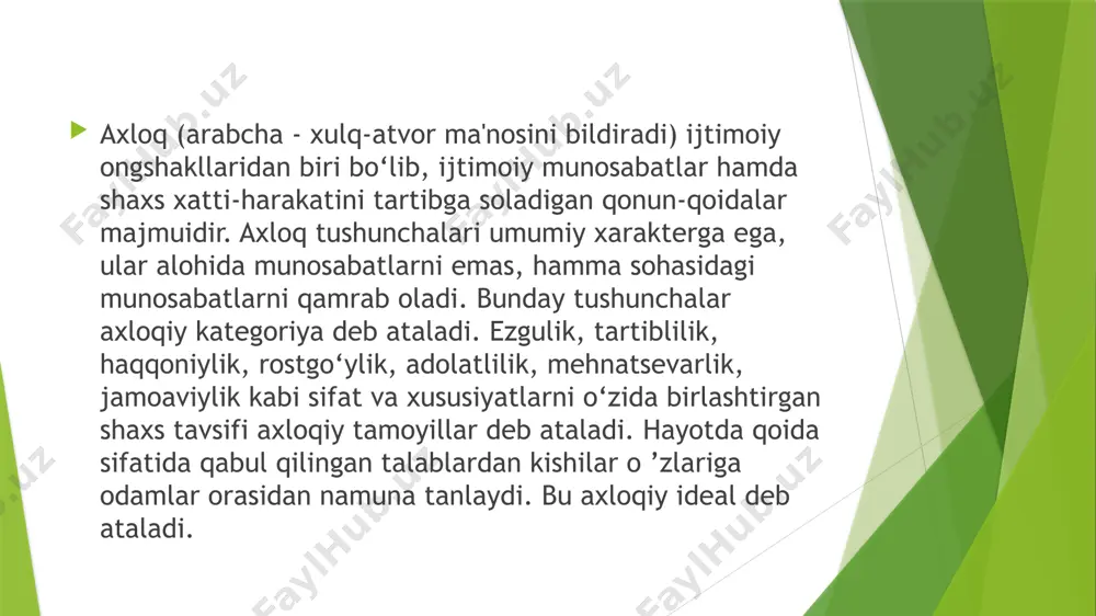 guruhli va jamoaviy mashq shakllarini uyg‘unlashtirish; 10) motivasiya hosil qilish va rag‘batlantirish. mazkur omillar orasida mashqning hajmi va sur’ati hamda kutiladigan natija o‘rtasida to‘g‘ridan-to‘g‘ri aloqadorlik mavjud: mashq qanchalik ko‘p va tez-tez bajarilsa, uning yordamida shakllantiriladigan sifatlar shunchalik tez rivojlanadi ma’naviy-axloqiy xulq-atvorni shaklantirish metodlari. mashq - ma’naviyaxloqiy xulq va odatlarni tarbiyalashning eng ta’sirli metodidir. unga qoidalarni mashq qildirish - foydal odatlarni qaytarish kiradi. eslatish, o‘rgatilgan tajribani yangilash, nazorat - o‘rgatilgan odatning to‘g‘ri va samarali ekanligini tekshirish, o‘z- o‘zini nazorat qilish, tarbiyalanuvchini faollashtiruvchi shaxsiy gigiena qoidalari, ovqatlanish madaniyati, ko‘chada, shaxsda xulq- atvor madaniyatini egallashni mashq qildirish bunga misol bo‘la oladi. mashq qildirish natijasida tarbiyalanuvchida malaka va odatlar tarkib topadi. e`tiboringiz uchun rahmat! image1.jpeg image2.jpeg image3.jpeg /docprops/thumbnail.jpeg
