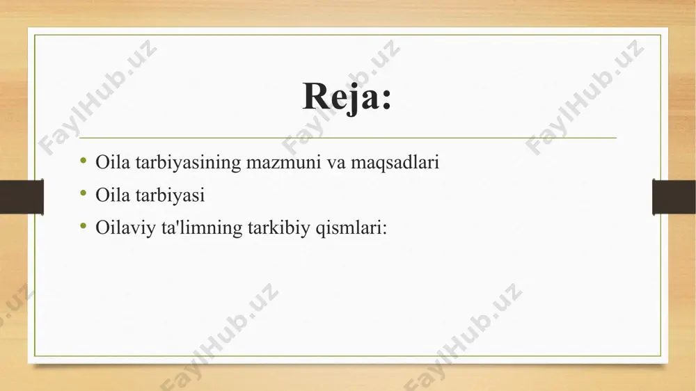shonch; oiladagi optimistik munosabatlar; ularning talablarida izchillik (imkonsizni talab qilmang); bolangizga har tomonlama yordam berish, savollarga javob berishga tayyorlik. oila ta'siri: oila shaxsning ijtimoiylashuvini amalga oshiradi; oila an'analar davomiyligini ta'minlaydi; oilaning eng muhim ijtimoiy vazifasi - fuqaro, vatanparvar, kelajak oila boshlig'i, jamiyatning qonunga bo'ysunuvchi a'zosini tarbiyalash; kasb tanlashda oilaning ta'siri katta. oilaviy ta'lim mazmuni oilada tarbiya mazmuni demokratik jamiyatning umumiy maqsadi bilan belgilanadi. oila jismonan va ruhan sog'lom, axloqiy, intellektual rivojlangan , kelgusi mehnat, ijtimoiy, oilaviy hayotga tayyor shaxsni shakllantirishga majburdir oilaviy ta'limning tarkibiy qismlari: jismoniy - sog'lom turmush tarziga asoslangan va kun tartibini to'g'ri tashkil etish, sport, tananing qattiqlashishi va boshqalarni o'z ichiga oladi; axloq - shaxsni shakllantiruvchi munosabatlarning o'zagi. barqaror axloqiy qadriyatlarni tarbiyalash - sevgi, hurmat, mehr-oqibat, odob, halollik, adolat, vijdon, qadr-qimmat, burch; intellektual - ota-onalarning bolalarni bilim bilan boyitishda, ularni o'zlashtirish ehtiyojlarini shakllantirishda va doimiy yangilashda manfaatdor ishtirokini o'z ichiga oladi oilaviy tarbiyaning umumiy usullari agar oila …
