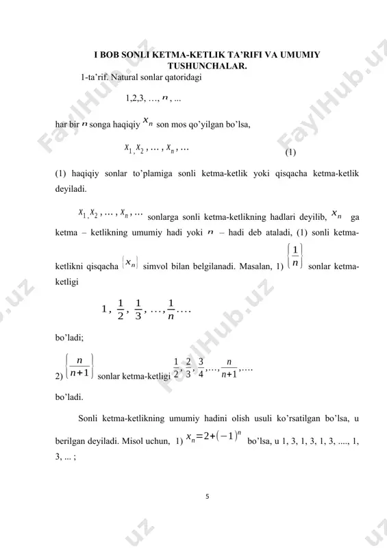 etma-ketlik cheksiz katta ketma-ketlik bo’ladi. isbot. cheksiz katta ketma-ketlik bo’lsin. istalgan son olib, deylik. 1-ta’rifdan shu a son uchun shunday raqam mavjudki, lar uchun bo’ladi. bundan hamma uchun kelib chiqadi. bu ketma-ketlikning cheksiz kichikligini bildiradi. (teoremaning ikkinchi qismini isbot qilishni o’quvchiga havola etamiz). cheksiz kichik ketma-ketliklar quyidagi xossalarga ega. 2-teorema. ikkita cheksiz kichik ketma-ketliklarning algebraik yig’indisi yana cheksiz kichik ketma-ketlik bo’ladi. isbot. va cheksiz kichik ketma-ketliklar bo’lsin. bu cheksiz kichik ketmk-ketliklar uchun, istalgan son uchun raqam topiladiki, lar uchun, tengsizlik, raqam topiladiki, lar uchun tengsizliklar bajariladi. desak, lar uchun birdaniga , tengsizliklar bajariladi. shunday qilib, bњladi. bu ketma-ketlikning cheksiz kichik ekanligini bildiradi. natija. istalgan chekli sondagi cheksiz kichiklarning algebraik yig’indisi yana cheksiz kichik ketma-ketlikdir. 3-teorema. ikkita cheksiz kichik ketma-ketlikning ko’paytmasi, cheksiz kichik ketma-ketlik bo’ladi. isbot. va lar cheksiz kichik ketma-ketliklar bo’lsin. ketma-ketlikning cheksiz kichikligini isbotlash talab etiladi. cheksiz kichik bo’lganligi uchun, istalgan son uchun shunday raqam topiladiki, lar uchun cheksiz …