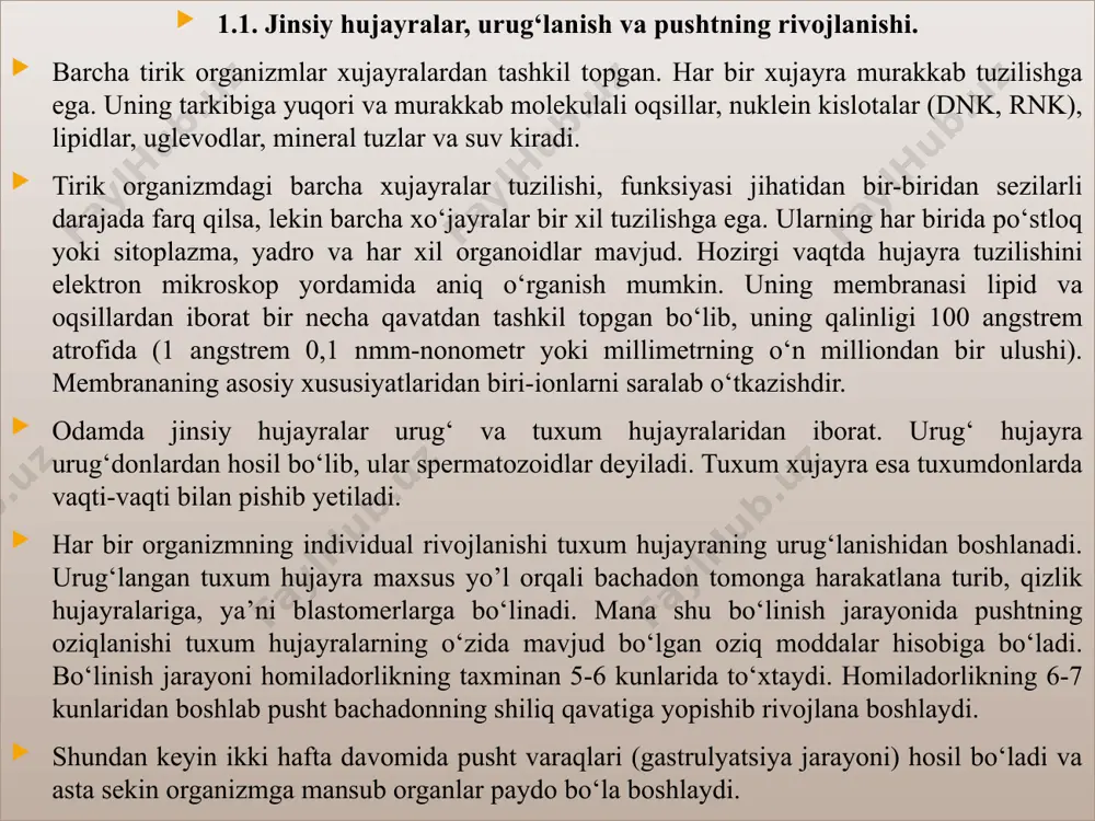 shligini ta’kidlaydi. hozirgi bosqichda ushbu qonun quyidagi o‘zgartirish bilan qabul qilingan: bir xil tipga mansub hayvonlarning rivojlanishida dastlabki bosqichlarga mutlaqo to‘g‘ri kelmaydigan o‘xshashlik tugunlari mavjud. misol uchun, umurtqali hayvonlarning turli sinflarini rivojlantirishda pusht barglarini ajratish va joylashtirish turli yo‘llar bilan sodir bo‘lishi mumkin, ammo embrionlarning gill shlitsasiga ega bo‘lgan faringula bosqichida barcha sinflarning vakillari juda o‘xshashdir; keyinchalik farqlar yana ortadi (2-rasm). o‘xshashliklar har xil turdagi hayvonlar vakillarida ham kuzatiladi. geteroxroniyalar-turli organ tizimlarining nisbiy rivojlanish sur’atlarining o‘zgarishi-odam organizmi evolyusiyasi uchun birlamchi ahamiyatga ega. bu esa rivojlanayotgan tizimning o‘z ichidagi o‘zaro aloqalarga asoslangan holda tashqi boshqaruvsiz murakkab tuzilmalarni yaratishga qodir bo‘lgan o‘z-o‘zini tashkil etish jarayonlarini nazarda tutish imkonini beradi. 1.2. perinatal psixologiya. psixologiya fanida ishlatiladigan “perinatal” tushunchasi bilan tibbiyotda ishlatiladigan tushuncha o‘rtasida muayyan farq bor. tibbiyotda perinatal davr o‘z ichiga homilaning ona qornidagi 28 haftalik taraqqiyot davri bilan bola tug‘ilgandan keyingi 7-10 kunlik davr oralig‘ini nazarda tutadi. perinatal psixologiyada esa homila paydo …