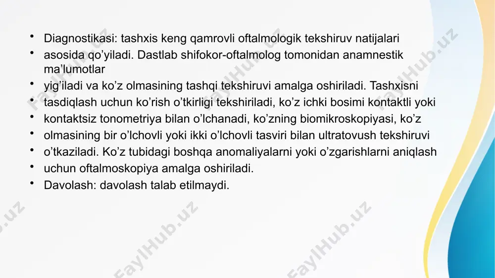 gi yoki yo’qligidir. klinikasi: bunday bemorlarda rangdor pardada pigmentatsiyaning etishmasligi, ko’z tubida qizil refleks, ko’rishning keskin pasayishi, yorug’likdan qo’rqish, ko’pincha nistagm bilan birga kuzatiladi (9.5-rasm). diagnostikasi: tashxis keng qamrovli oftalmologik tekshiruv natijalari asosida qo’yiladi. dastlab shifokor-oftalmolog tomonidan anamnestik ma’lumotlar yig’iladi va ko’z olmasining tashqi tekshiruvi amalga oshiriladi. davolash: davolash talab etilmaydi. ammo to’r parda holatini yaxshilaydigan dorilarni (taufon, emoksipin, retinolamin) tavsiya qilish mumkin. quyoshdan saqlovchi ko’zoynaklar tavsiya qilinadi. albinizm xorioideya anomaliyalari xorioideya anomaliyalari xorioideya kolobomasi - bu ko’zni qon tomir qavatining nuqsoni hisoblanadi (9.6-rasm). etiologiyasi: gen mutatsiyalari, bir necha avlodlardagi xromosoma anomaliyalari, shuningdek, ona va homilaga atrof-muhit omillarining ta’siri natijasida yuzaga kelishi mumkin. bu anomaliya neyroektodermadagi birlamchi nuqson natijasida yuzaga keladi. koloboma ko’pincha sporadik uchraydi, ba’zida uning paydo bo’lish genlarning noto’liq penetratsiyasi bilan autosom-dominant nasldan-naslga o’tishi sabablidir. klinikasi: bemor ko’rishning keskin pasayishidan shikoyat qiladi, oftalmoskopik ko’rikda, nuqson to’r parda, qon-tomir pardasi orqali ko’rinadi, shuning uchun oftalmoskopik xorioideya kolobomasi aniq chegaralangan …