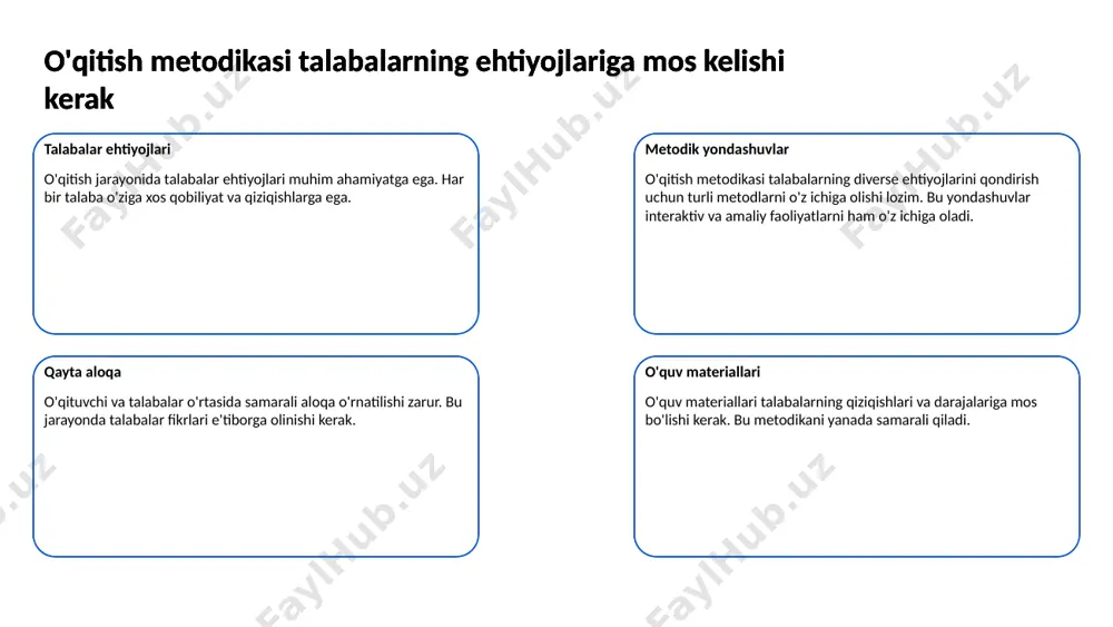 ri tanlashlari kerak metodlar tanlovi o'qituvchilar dars jarayonida turli metodlardan foydalanishlari mumkin. har bir metod o'ziga xos afzalliklarga ega. o'qituvchilar metodlarni to'g'ri tanlashlari kerak o'quvchilarning ehtiyojlari o'quvchilarning individual ehtiyojlari va o'rganish uslublariga mos metodlarni tanlash muhimdir. o'qituvchilar metodlarni to'g'ri tanlashlari kerak nazariy va amaliy metodlar nazariy metodlar bilim berishda ustuvorlikka ega, amaliy metodlar esa ko'nikmalarni rivojlantirishda yordam beradi. o'qituvchilar metodlarni to'g'ri tanlashlari kerak 7 tillarni o'qitish metodikasi doimiy ravishda yangilanib turishi lozim metodika ahamiyati tillarni o'qitish jarayonida yangi metodikalarni qo'llash muhimdir. yangilanishlar ta'lim sifatini oshiradi. o'qituvchilar o'z bilimlarini yangilab turishlari zarur. tillarni o'qitish metodikasi doimiy ravishda yangilanib turishi lozim innovatsiyalar pedagogik metodlar va stratejiyalar innovatsiyalarga ega bo'lishi lozim. interaktiv yondashuvlar o'quvchilarning faol ishtirokini oshiradi. zamonaviy texnologiyalar ta'lim jarayonida qo'llanilishi kerak. tillarni o'qitish metodikasi doimiy ravishda yangilanib turishi lozim tadqiqotlar yangi tadqiqotlar metodikalarni yangilashga yordam beradi. o'qituvchilar ilmiy maqolalarni o'qib, amaliyotga tatbiq etishlari lozim. tajriba almashish muhim ahamiyatga ega. tillarni o'qitish …