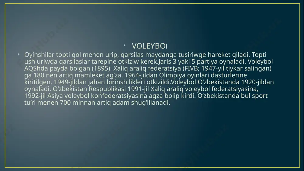 rdem beredi. bir yaki ekı futbolshini libero tarepınen tayinlanadi, yagnıy qorg’awshi, onın sırtqı korınısı basqaalardan parq qiladi.usı agza arqada, blokirovka qilisw yaki hujım qiliw huquqina ıye emes. voleybol oynawdın tıykargı qagıydaları ham usuli oyin erkeklar ushın balentlıgi 2,43 m, ayeller ushın ese 2,24 m, topi sharsıman bolıp onın atırapi 65-67 sm, awırlıg’ı ese 260 tan 280 g ga shekem. ushırasıwga ko’re topti maydang’a kiritıw menen baslanadi. awmetlı oyınnan son’ oyinda jen’ıske erısken komanda barıw kerek. image1.jpeg image2.jpeg image3.jpeg image4.jpeg image5.jpeg image6.jpeg image7.jpeg image8.jpeg /docprops/thumbnail.jpeg