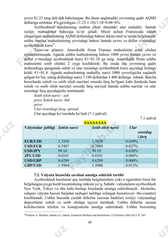 rib kuzatishning imkoni yoʻq. sababi valyutalarni ayriboshlash nyu york, tokyo va shu kabi boshqa birjalarda amalga oshirilmaydi. aksincha, xalqaro valyuta bozori birjadan tashqari tartibga solingan bozor(over- the-counter) hisoblanadi. ushbu bozorda yuzlab dillerlar (asosan banklar) xorijiy valyutadagi depozitlarni sotish va sotib olishga tayyor turishadi. ushbu dillerlar asosan kelishuvlarni telefon va kompyuterda amalga oshirishadi. ushbu bozorning funksiyalari markazlashgan bozor funksiyalaridan farq qilmaydi. eʼtibor qaratilishi lozim boʻlgan holat, banklar, kompaniyalar va hukumatning xalqaro valyuta 32frederic s. mishkin, stanley g. eakins, financial markets and institutions, us prentice hall 2013, p. 345 89 bozorida valyutalarni sotib olishi hamda sotishi haqida soʻz yuritilganda bu yerda ularning valyutani oʻzini sotib olishi nazarda tutilmaydi. yaʼni bank dollar sotib oldi deyilganda bankning dollarda shakllantirilgan depozitni sotib olganligi nazarda tutiladi. odatda xalqaro valyuta bozoridagi tranzaksiyalarning miqdori $1 milliondan oshadi. xalqaro valyuta bozorida belgilanadigan ayriboshlash kurslari bilan banklar valyuta ayriboshlash shahobchalardagi ayriboshlash kurslarining oʻrtasida farq mavjud. yaʼni banklarda belgilangan kurs valyuta …