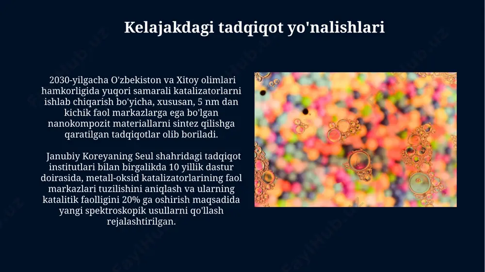 023 yilda, katalitik konvertorlarning ishlab chiqarish hajmining 20% dan ortig'i xitoy va yaponiya davlatlariga to'g'ri keladi, bu geterogen katalizning global iqtisodiy ahamiyatini ko'rsatadi. geterogen kataliz, 1000 dan ortiq sanoat jarayonlarida, masalan, avtomobil katalizatorlarida (aqshda yillik 10 million dona ishlab chiqariladi) va ammiak ishlab chiqarishda (haber-bosch jarayoni) muhim rol o'ynaydi. oksid katalizatorlardagi faol markazlar oksid katalizatorlardagi faol markazlar, masalan, vanadiy oksidi (v2o5) da, 500°c dan yuqori haroratlarda, kristall panjara nuqsonlari va yuzaki v=o bog'lanishlari tufayli hosil bo'ladi, bu esa reaksiya tezligini 10 baravar oshirishi mumkin. oksid katalizatorlarning faol markazlarining samaradorligi, masalan, aluminiy oksidi (al2o3) da, kislotali va asosli xossalarga ega bo'lgan yuzaki gidroksil guruhlari (–oh) ning miqdori va joylashishiga, ya'ni taxminan 50-100 µmol/m² ga bog'liq. geterogen katalizning ekologik ahamiyati kimyo sanoatida 80% dan ortiq jarayonlar geterogen katalizga asoslangan bo'lib, bu esa energiya sarfini kamaytiradi va 20% gacha chiqindi hosil bo'lishini oldini oladi, natijada global isishga ta'sirini pasaytiradi. o'zbekistondagi neftni qayta ishlash …