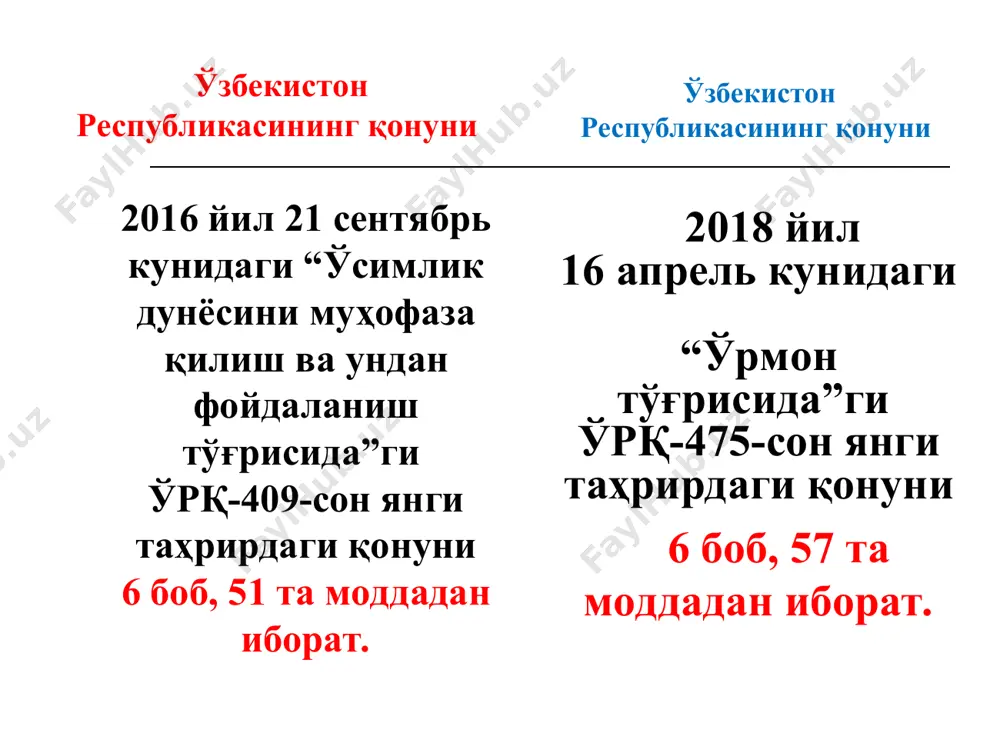 ижасига кўра ўлкада 146 оилага мансуб 4500 га яқин юксак ўсимлик турлари борлиги маълум бўлди. буларнинг аксарият қисмини қоқидошлар (600 га яқин тур), бурчоқдошлар (450 га яқин тур), буғдойдошлар (260 га яқин тур), карамдошлар, ялпиздошлар, швиддошлар, шўрадошлар, лоладошлар, чиннигулдошлар, ёронгулдошлар, говзабондошлар, раънодошлар каби йирик оилаларнинг вакиллари ташкил этади. ўзбекистон флораси пайдо бўлиши, тарқалиши, тур, туркум ва оилаларнинг умумий ўхшашлиги жиҳатидан ўрта осиёдаги бошқа республикалар, эрон, афғонистон ўсимлик қопламига жуда яқин туради. 2-савол ўсимлик дунёси ва ўрмон бойликларини муҳофаза қилиш ҳамда улардан фойдаланиш объектлари ва субъектлари. давлат ўрмон фонди (қонунни 6-м.). барча ўрмонлар давлат ўрмон фондини ташкил этади. давлат ўрмон фонди: давлат аҳамиятига молик ўрмонлардан, яъни давлат ўрмон хўжалиги органлари тасарруфидаги ўрмонлардан; бошқа идоралар ва юридик шахслар фойдаланишидаги ўрмонлардан иборатдир. - ёввойи ҳолда ўсувчи ўсимликлар; - ёввойи ҳолда ўсувчи ўсимликларнинг яшаш фаолияти маҳсулот-лари; - ботаника коллекция-лари. ўсимлик дунёси объектлари (қонунни 5-м.). давлат ўрмон фонди (қонунни 4-м.). - жисмоний шахслар; - юридик …