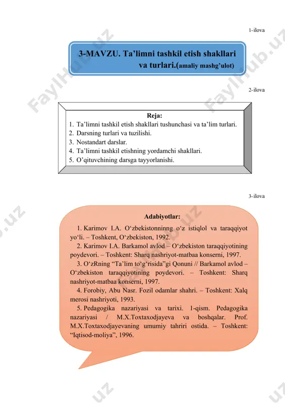 aa konserni, 1997. 4. forobiy, abu nasr. fozil odamlar shahri. – toshkent: xalq merosi nashriyoti, 1993. 5. pedagogika nazariyasi va tarixi. 1-qism. pedagogika nazariyasi / m.x.toxtaxodjayeva va boshqalar. prof. m.x.toxtaxodjayevaning umumiy tahriri ostida. – toshkent: “iqtisod-moliya”, 1996. 4- ilova blits so’rov 1. ta’lim metodlari va usullari? 2. zamonaviy didaktikada ta’lim metodlari? 3. ta’lim metodlarini tanlab olish shartlari? 4. ta’lim funktsiyalari? 5- ilova ta’lim turlari (yunoncha “species” alohida, о‘ziga xos xususiyatga ega) о‘quv jarayonini tashkil etish va amalga oshirishga nisbatan turlicha yondashuvlardir 5a-ilova ta’lim turlari muammoli ta’lim; mujassamlashtirilgan ta’lim; modul ta’limi; rivojlantiruvchi ta’lim; tabaqalashtirilgan ta’lim; dasturiy ta’lim; kompyuter ta’limi; mustaqil ta’lim, hamkorlik ta’limi, individual ta’lim; faol о‘qitish zamonaviy sharoitda qо‘llanilayotgan ta’lim turlari 6- ilova о‘ziga xos xususiyatlar bir xil yosh va taxminan bir xil tayyorgarlik darajasiga ega bо‘lgan о‘quvchilardan tarkib topadi va bu tarkibta’limning umumiy davrida doimiy tarkibini saqlaydi; о‘quv faoliyati yagona yillik reja va dasturga kо‘ra turg‘un dars jadvali bо‘yicha …