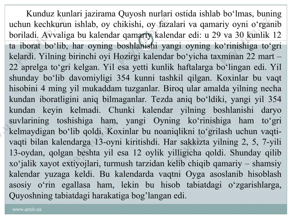 an: uning kasali nima deb har kim so`rashi lozim. 200 … bobilliklarda shundat odat bor. ularning ichida yemishi faqat baliq bo`lgan uch qabila bor. tutilgan baliqni ular quyoshda qoqlaydilar va keyin shunday qiladilar: baliqni hovonchaga tashlaydilar va og`ir dasta bilan maydalaydilar, keyin esa dokadan qilingan g`alvirdan o`tkazadilar. keyin bu xamirdan istasalar ho`l xamir qoradilar yoki non yopadilar. gerodot bobil to`g`risida www.arxiv.uz www.arxiv.uz 194 … pastdan daryo bo`yicha bobilga suzadigan kemalar mutlaqo dumaloq va to`laligicha teridan qilingan. osuriyadan yuqorida yetgan armanistonda bobilliklar kemani osti uchun toldan xivich kesadilar, [polni] tashqi tomoni kemani [aylana] tagiga o`xshatib qalin terilar bilan tortadilar. www.arxiv.uz www.arxiv.uz podsho xammurapi qonunlari xammurapi (er. avv. 1792 – 1750 yillar) amoriylar sulolasining oltinchi podshosi. uning qonunlari 1901- yilda fransuz arxeologlari tomonidan elamning poytaxti suzada topilgan. parijdagi luvr muzeyida saqlanadi. qonunlar qora ba`zalt toshiga o`yib yozilgan va bobildan elamlilar tomonidan o`lja qilib, er. avv. xii asrda suzaga olib ketilgan. qonunlar to`plami …