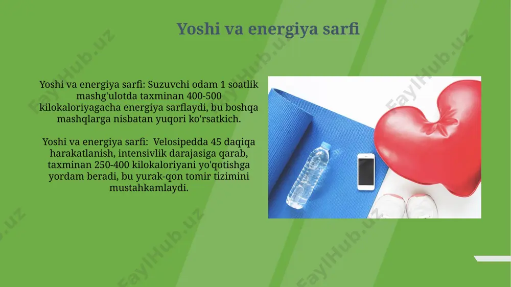 h mushaklarning ko‘p guruhlariga bir vaqtning o‘zida yuklamani ta’minlab, metabolizm tezligini oshiradi va tana yog‘ini samarali yoqishga yordam beradi. tana vazni va energiya sarfi yugurish, velosipedda yurish kabi yuqori intensivlikdagi mashqlar, past intensivlikdagi mashqlarga qaraganda bir soatda 300-500 kkal gacha energiya sarfini ta'minlaydi. tana vaznini 1 kg ga kamaytirish uchun taxminan 7700 kkal energiya sarflash kerak bo'ladi, bu esa muntazam jismoniy mashqlar bilan erishiladigan maqsaddir. jismoniy mashqlar va energiya sarfi jismoniy mashqlarning intensivligi energiya sarfini sezilarli darajada oshiradi: masalan, yugurish soatiga 700-1000 kkal dan ortiq energiya sarfini ta'minlaydi, bu esa metabolizm tezligini ko'taradi. kuch mashqlari, masalan, og'irlik ko'tarish, bazal metabolizm tezligini (bmr) oshirib, dam olish holatida ham energiya sarfini ko'paytiradi, bu esa uzun muddatli ta'sirga ega. e'tiboringiz uchun rahmat @taqdimot_robot image1.jpg image2.jpg image3.jpg image4.jpg image5.jpg image6.jpg image7.jpg image8.jpg image9.jpg image10.jpg image11.jpg image12.jpg image13.jpg image14.jpg image15.jpg image16.jpg image17.jpg