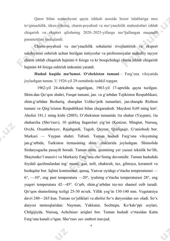 0,6 ming parranda, 364 yilqi boqiladi. 64 umumiy taʼlim maktabi (45,1 mingga yaqin oʻquvchi), bolalar va oʻsmirlar sport maktabi, 2 ta musiqa maktabi, 3 ta kasb-hunar kolleji bor. 1 ta madaniyat uyi, 8 ta klub muassasasi, oʻlkashunoslik muzeyi, tuman markaziy kutubxonasi va uning 34 ta shaxobchasi faoliyat koʻrsatadi. tuman markaziy kasalxonasi, tugʻruqxona, poliklinika, qishloq vrachlik punktlari, tez tibbiy yordam boʻlimi, dorixonalar va boshqalar tibbiy muassasalarda 326 vrach, 1549 oʻrta tibbiy xodim ishlaydi. „yaypan ovozi“ gazetasi chiqariladi (adadi 5 ming). shuning dek o‘zbekiston tumani ma’muriy markazi bo‘lgan yaypan shahrida "bulut textile" mas`uliyati cheklangan jamiyati ham mavjud bo‘lib ro‘yhatan o‘tgan sanasi 09.03.2010 yil faolik holati hozirda mavjud va ishlab kelmoqda to‘qima haqida ma‘lumot satin. satin guruhiga satin o‘rilishda to‘qilgan satinlar va atlas o‘rilishda to‘qilgan lastiklar kiradi. lastik satinga qaraganda kamroq ishlatiladi. qalinligiga qarab, satin va lastiklar qayta tarash usulida yigirilgan 14,3-11,7 teksli kalava ipdan to‘qilgan va karda usulida yigirilgan 18,5-15,3 teksli kalava …