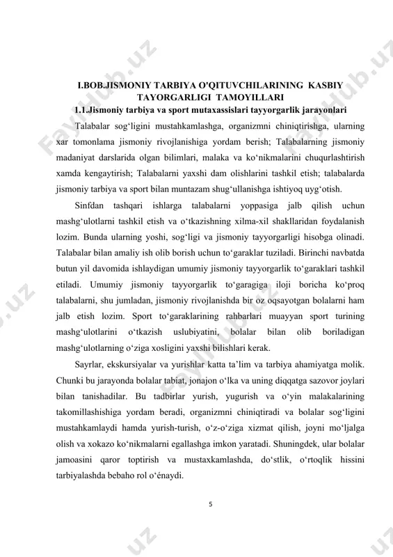 g hamma sohalarini fan, madaniyat va san’at mutaxassislari bilan ta’minlash rejali ravishda amalga oshirilmoqda. oliy ta’lim va xalq xo‘jaligining o‘sib borayotgan talabini va kelajagini hisobga olib ish ko‘rmoqda. buning uchun oliy o‘quv yurtlarining professor o‘qituvchilari tarkibi ta’limining to‘rt shartiga; o‘z fanini a’lo darajada bilish, o‘z kasbini jonu-dilidan sevish va talabalarda ham shu fanga muhabbat uyg‘otish, sinab ko‘rish va amaliy ishlarni hozirgi davr talablari asosida uyushtirish, chuqur bilimga ega bo‘lishga rioya qilib kelmoqdalar. endigi asosiy vazifa tayyorlanayotgan mutaxassislarning‘ sifatini yanada yaxshilashga, ularni ijodiy fikrlovchi va tashabbuskor mutaxassislar qilib tarbiyalashga erishishdan iboratdir. bu o‘z navbatida talabalarni ta’lim berishni talab qiladi. jismoniy tarbiya shakllari: ta’lim muassasalarida jismoniy tarbiyaning asosiy shakli jismoniy tarbiya darslaridir. darslarni to‘g‘ri o‘tkazish jismoniy rivojlanishning muvaffaqiyatini va talabalarning malaka va ko‘nikmalarni takomillashtirish topshiriqlarini bajarishlarini ta’minlaydi. darslarda, talabalarni mashg‘ulot paytigacha o‘tkaziladigan gimnastika, tanaffus va jismoniy tarbiya daqiqalarida foydalaniladigan mashg‘ulotlar materiali bilan tanishtiriladi. shunday qilib, darslar o‘quv kuni tartibidagi jismoniy tarbiya tadbirlarining …