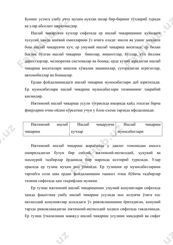 роитининг бутун мажмуаси ва мавжуд иқтисодий қонунлар ер муносабатларини объективлиги ва такомиллаштириш йўналишини аниқлайди. шу билан бирга бу ерда, ер муносабатларининг умумий ишлаб чиқариш муносабатларига нисбатан бир қанча ўзига хос характери намоён бўлади. ер табиатан берилган моддий маҳсули эмас. шундай қилиб ер муносабатларининг шакли бирламчи пункти, шароит сифатида берилган.ер кенглик жиҳатидан чегараланган. бу эса ундан қатъий ва олдиндан белгиланган миқдорларда фойдаланишга мажбур қилади. бундай шароитда ердан фойдаланишнинг хўжалик маҳсулотларидан хўжалик маҳсулотларида фойдалданишга мўлжалланган ерлардаги ер эгалиги ва ердан фойданиланиш чегараларини белгилаш ва майдонларни хўжалик мақсадлари учун ўлчаш ҳисобланади. ундан ташқари ернинг доимийлиги билан ҳам тавсифланади ва ишлаб чиқаришнинг кўпгина моддий омиллардан фарқи ўлароқ уни бир жойдан иккинчи жойдан иккинчи жойга кўчириш мумкин эмас. бундан кўринадики, у ёки бу функциясида ердан фойдаланиш ер майдонларини асосий мақсадларда фойдаланишни белгилаш билан объектив равишда боғлиқ, яъни халқ хўжалигининг турли тармоқларида ердан фойдаланиш, уларнинг имкониятлари ва заруриятларини ҳисобга олган ҳолда ерларни бўлиш билан боғлиқ. такрор …